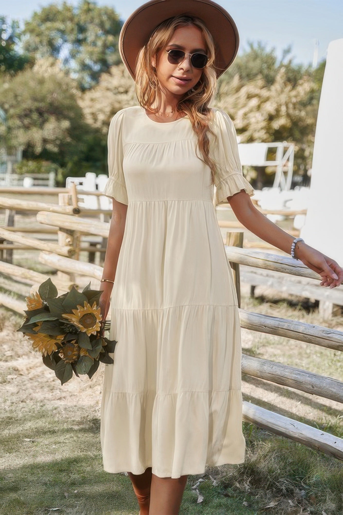 Flowy Pleated Short Sleeve Solid Midi Dress | by atgodanddesigns