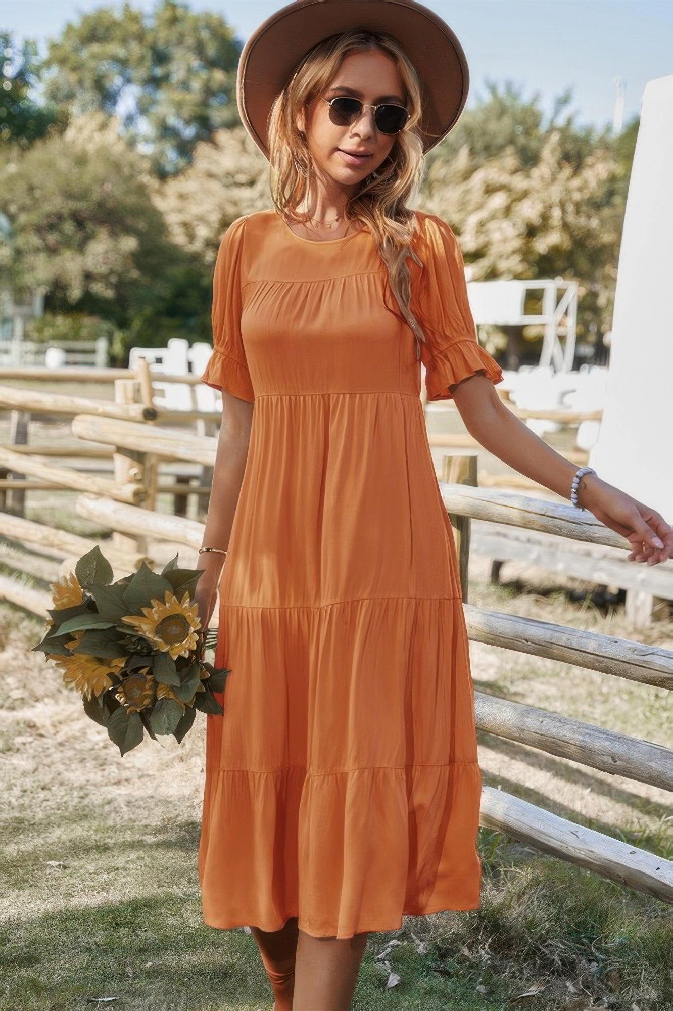 Flowy Pleated Short Sleeve Solid Midi Dress | by atgodanddesigns