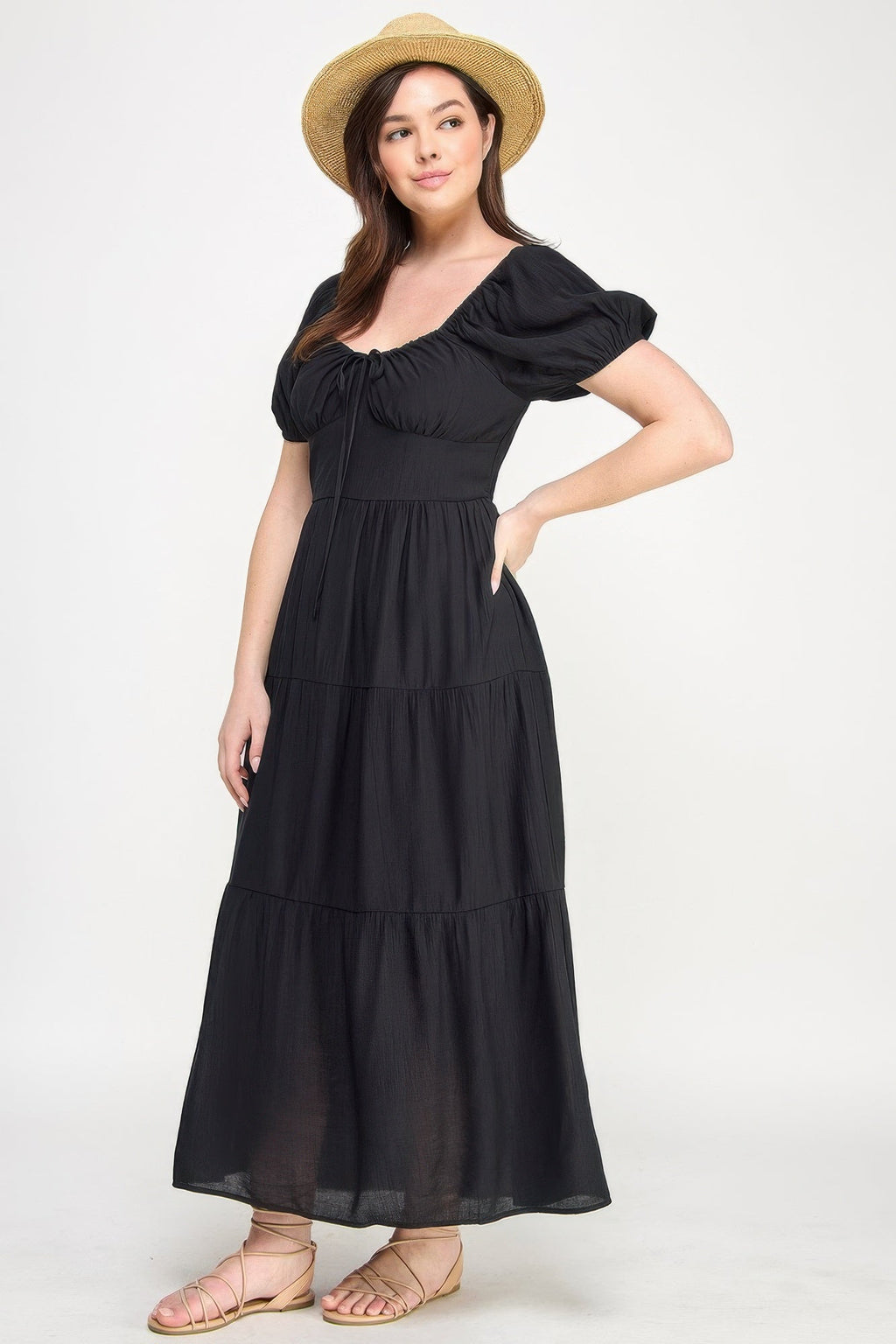 Front Tie Puff Sleeve Tired Maxi Dress | by atgodanddesigns