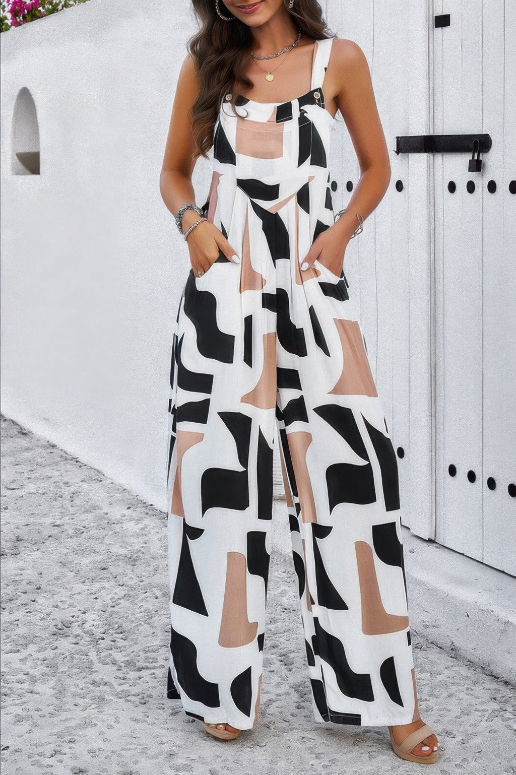 Geo Print Smocked Sleeveless Pockets Jumpsuit | by atgodanddesigns