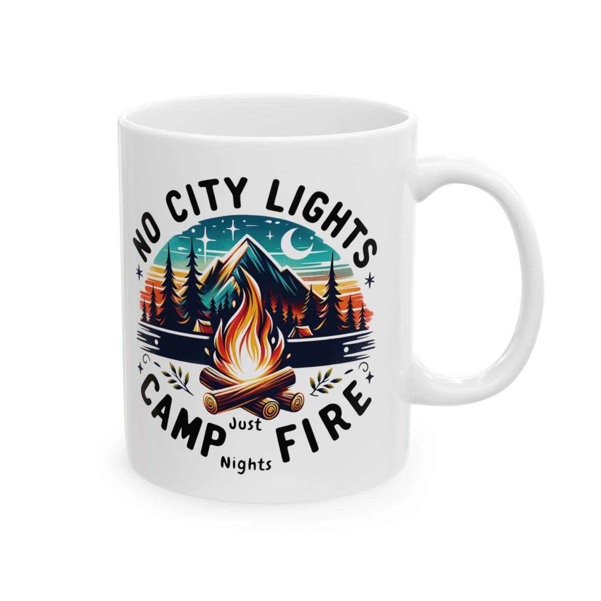 Graphic Ceramic Mug (11oz., 15oz.) — No Cities, No Lights, Just Campfire | Mug by atgodanddesigns