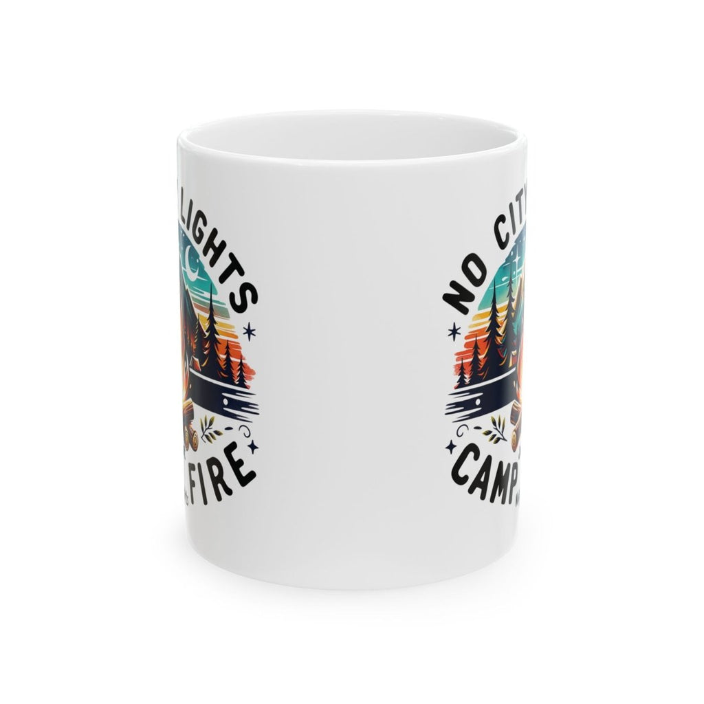 Graphic Ceramic Mug (11oz., 15oz.) — No Cities, No Lights, Just Campfire | Mug by atgodanddesigns
