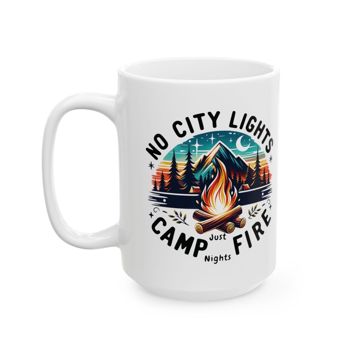 Graphic Ceramic Mug (11oz., 15oz.) — No Cities, No Lights, Just Campfire | Mug by atgodanddesigns