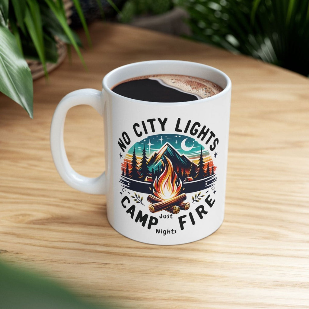 Graphic Ceramic Mug (11oz., 15oz.) — No Cities, No Lights, Just Campfire | Mug by atgodanddesigns