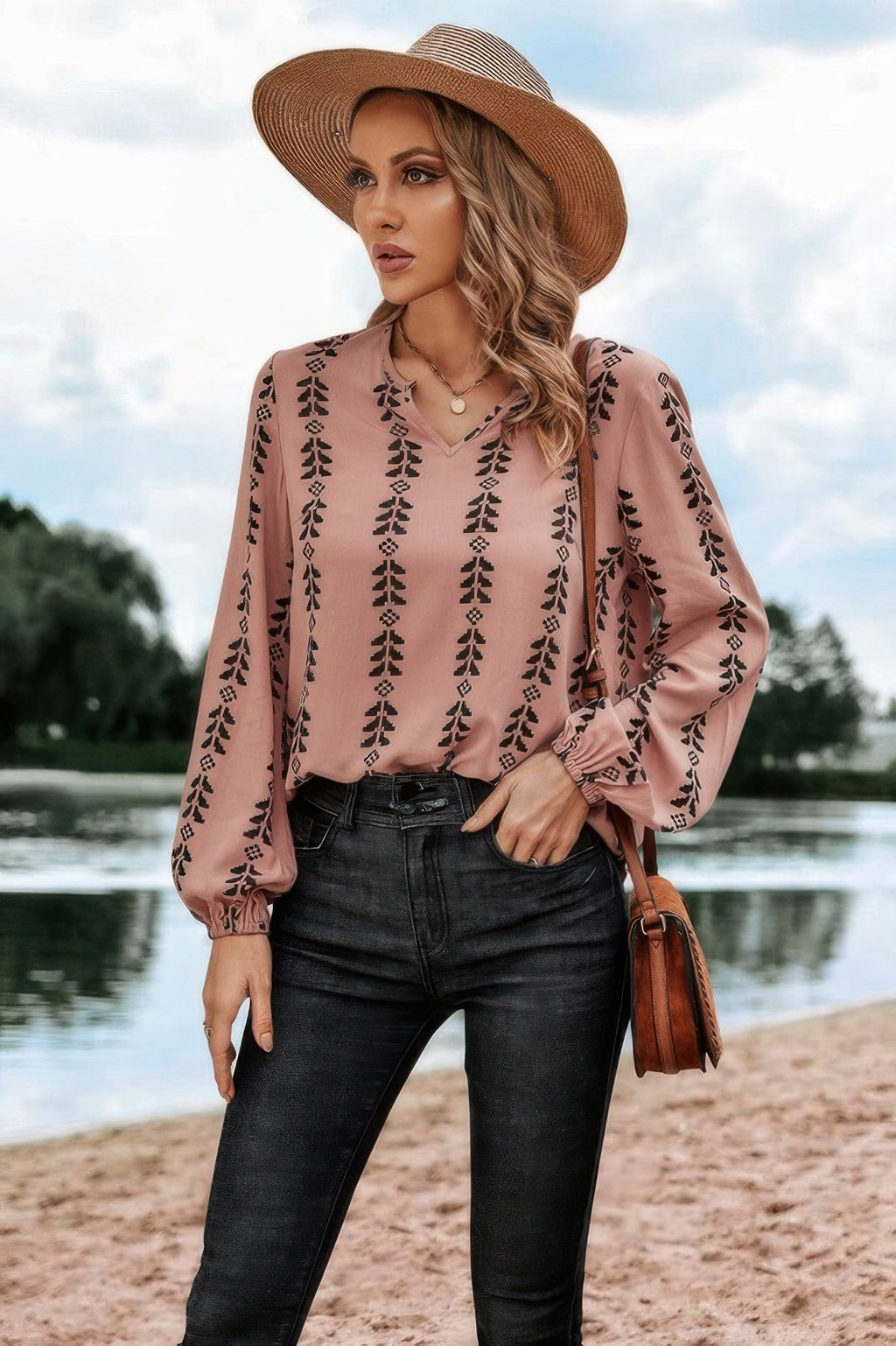 Graphic Print Strip Loose Fit V Neck Blouse | by atgodanddesigns