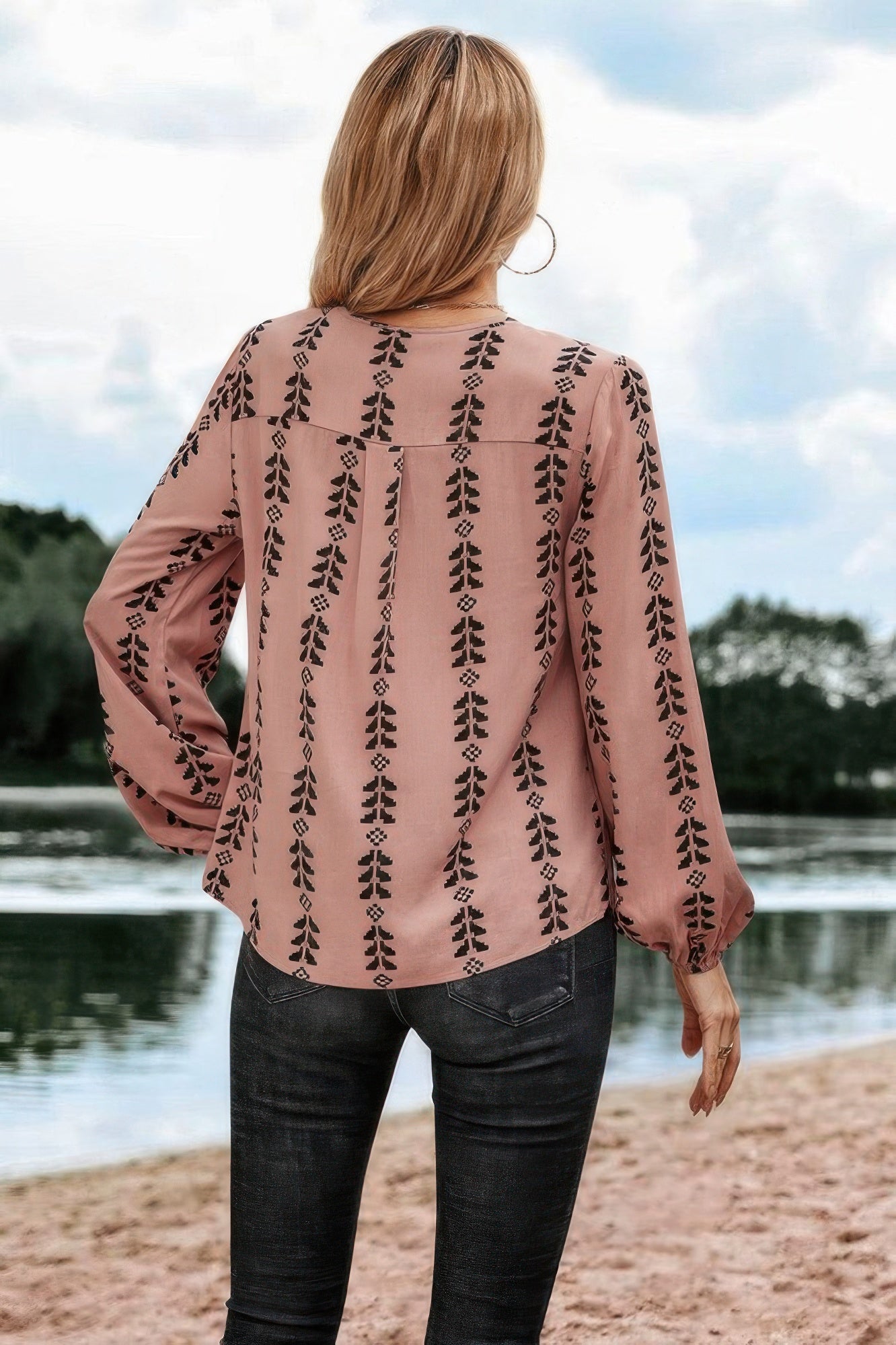 Graphic Print Strip Loose Fit V Neck Blouse | by atgodanddesigns
