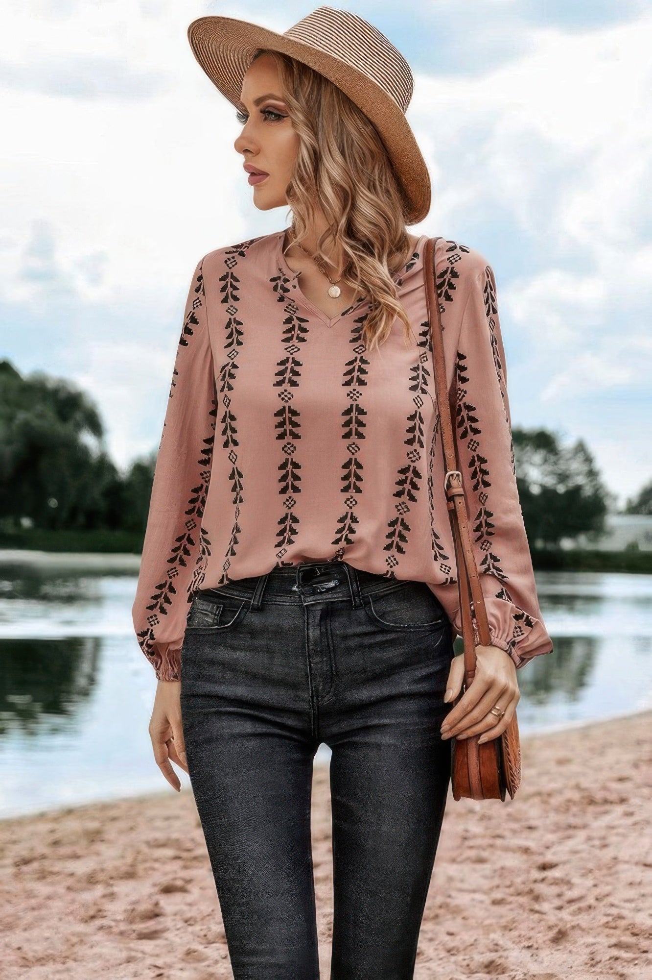 Graphic Print Strip Loose Fit V Neck Blouse | by atgodanddesigns