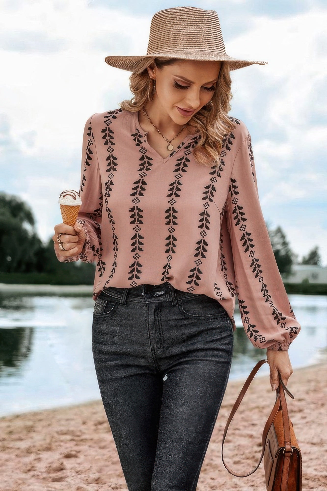 Graphic Print Strip Loose Fit V Neck Blouse | by atgodanddesigns
