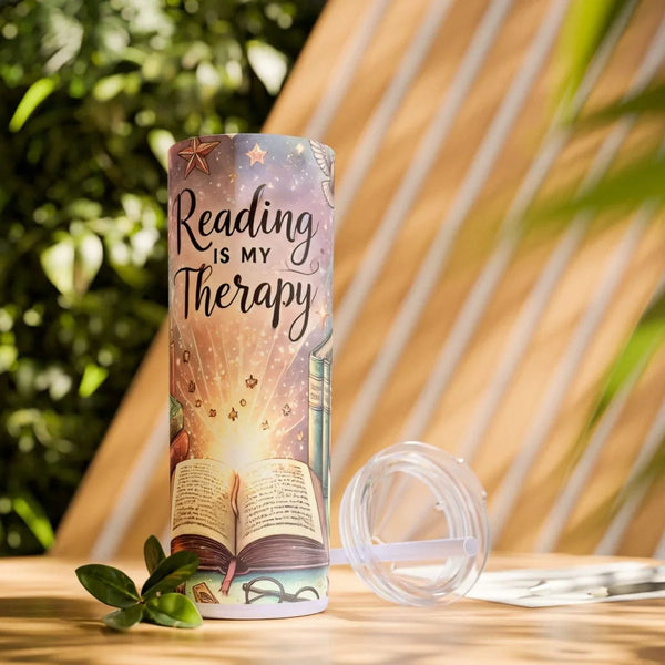Graphic Skinny Tumbler with Straw 20oz - Reading Is My Therapy | Mug by atgodanddesigns