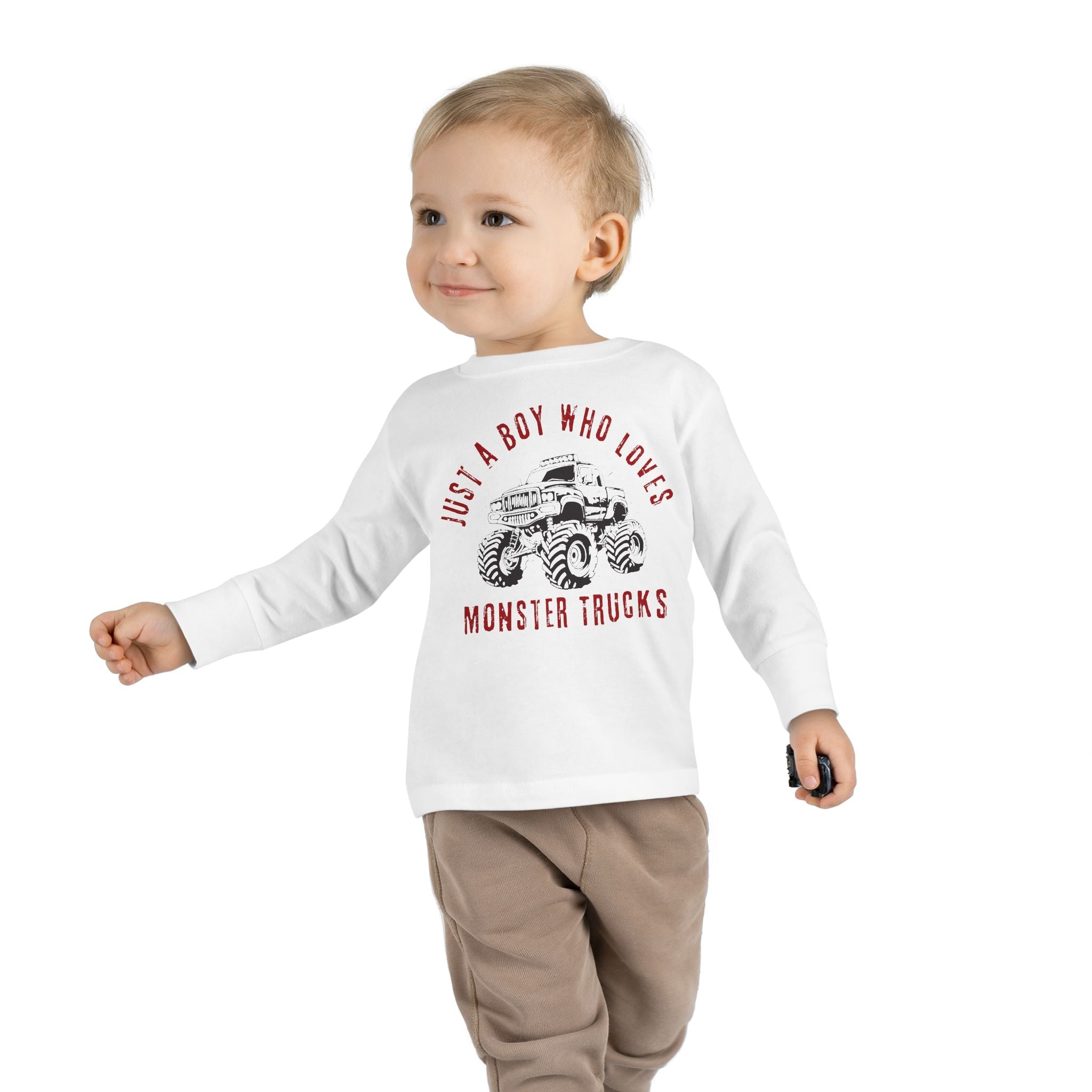 Graphic Toddler Boys Long Sleeve T-Shirt - Just A Boy Who Loves Monster Trucks | Kids clothes by atgodanddesigns