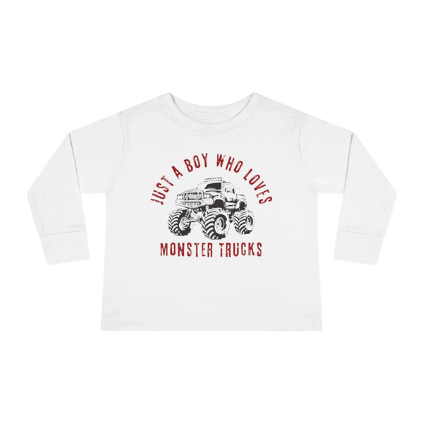 Graphic Toddler Boys Long Sleeve T-Shirt - Just A Boy Who Loves Monster Trucks | Kids clothes by atgodanddesigns