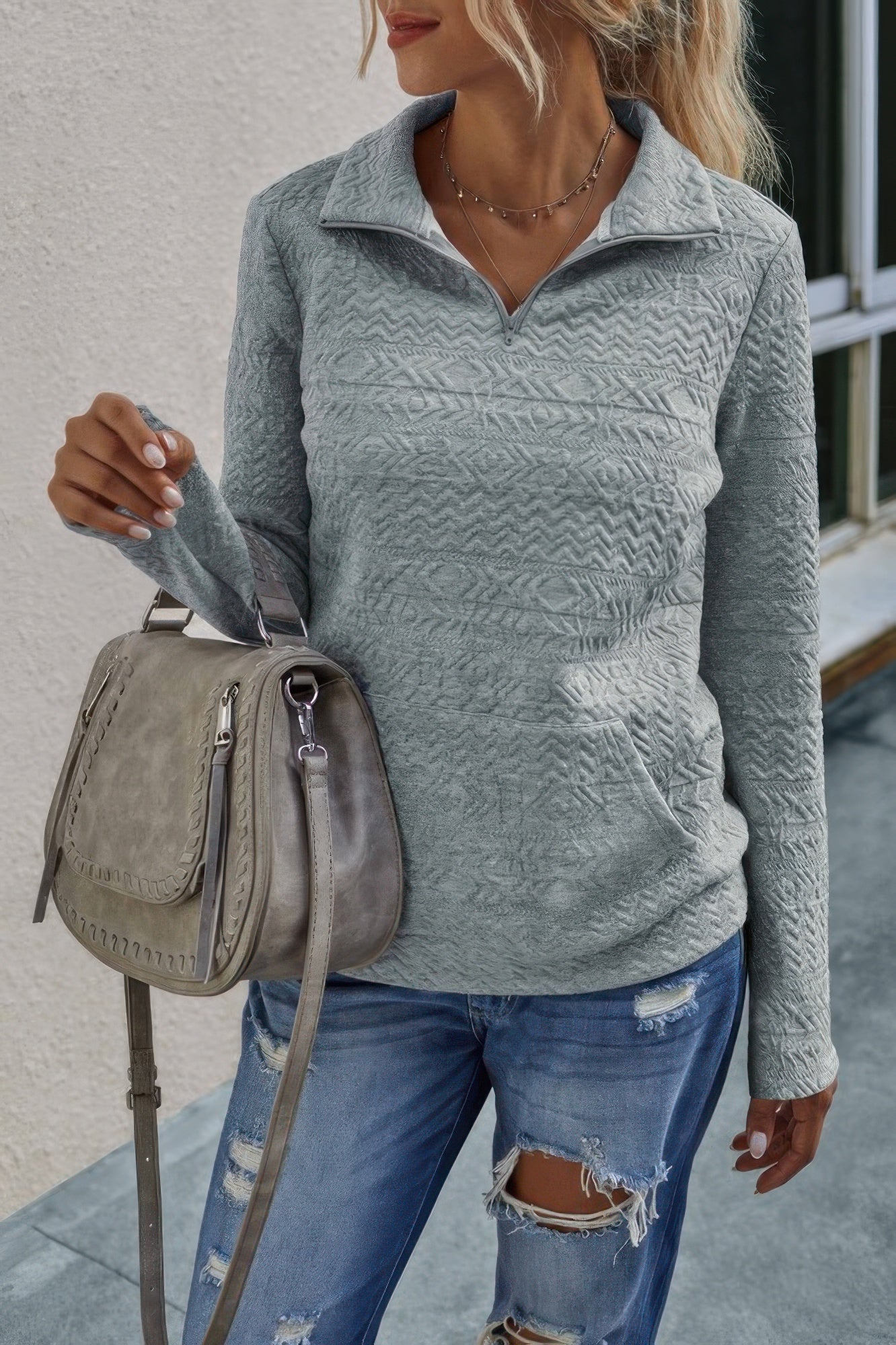 Half Zip Textured Solid Long Sleeve Pullover | by atgodanddesigns
