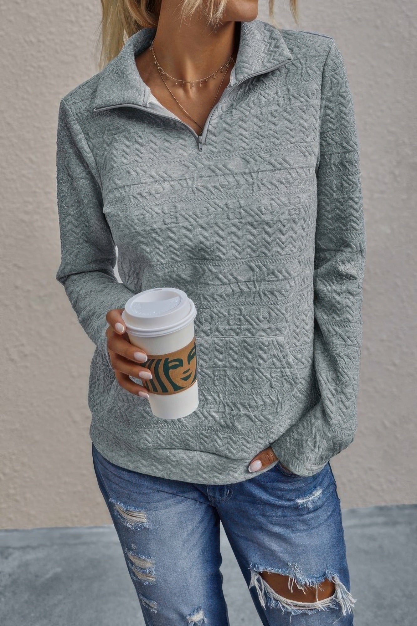 Half Zip Textured Solid Long Sleeve Pullover | by atgodanddesigns