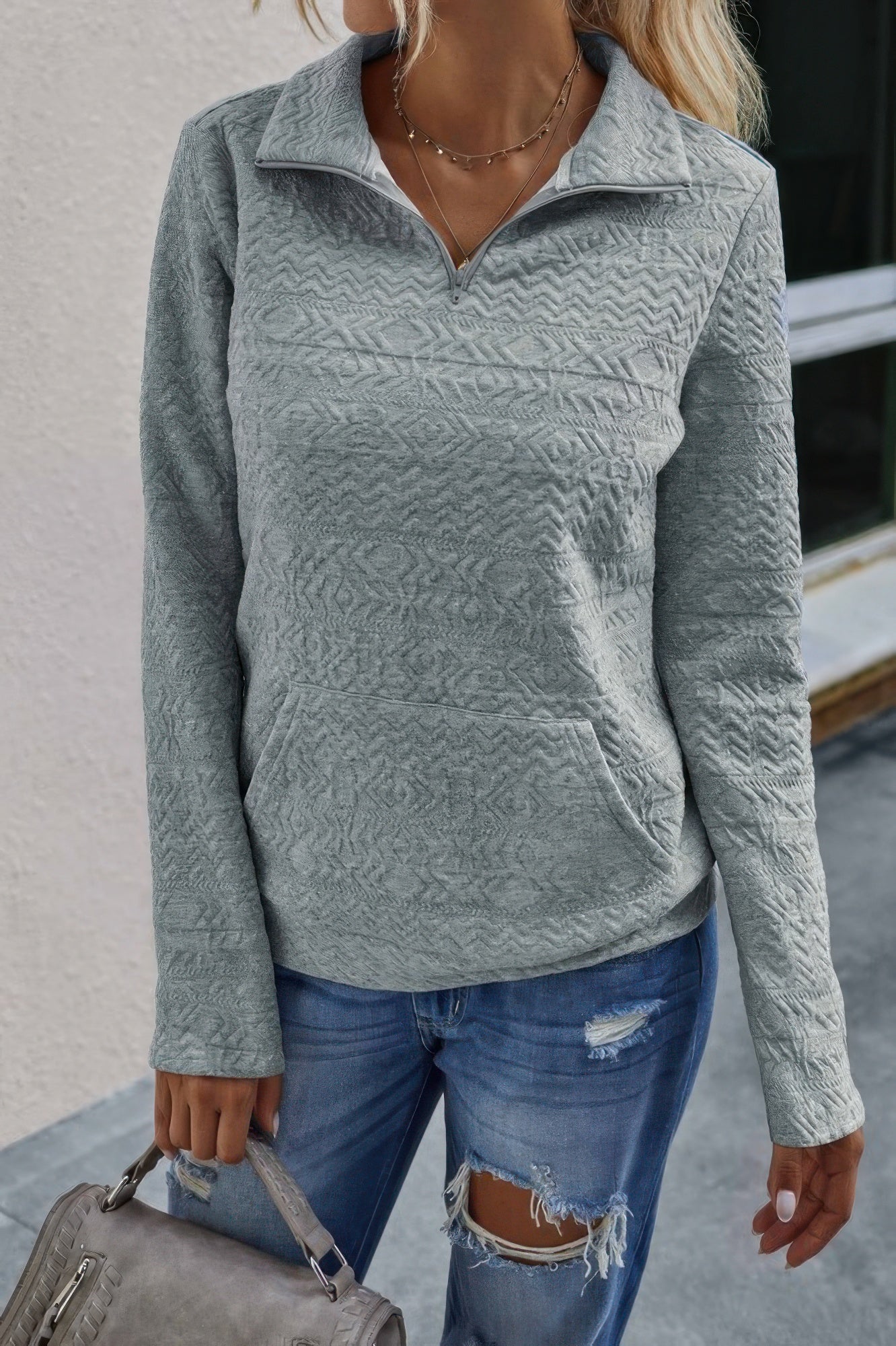 Half Zip Textured Solid Long Sleeve Pullover | by atgodanddesigns