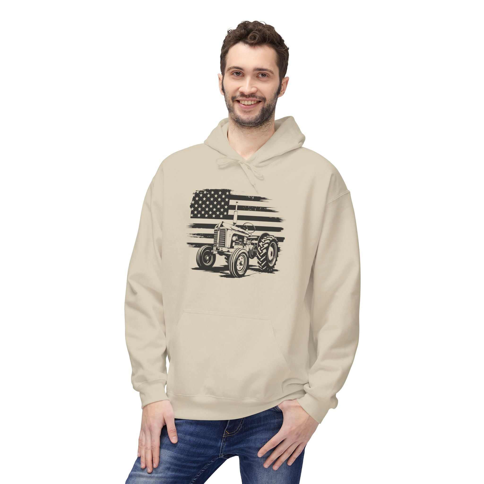Homestead Men's Hoodie - Tractor & the American Flag | Hoodie by atgodanddesigns