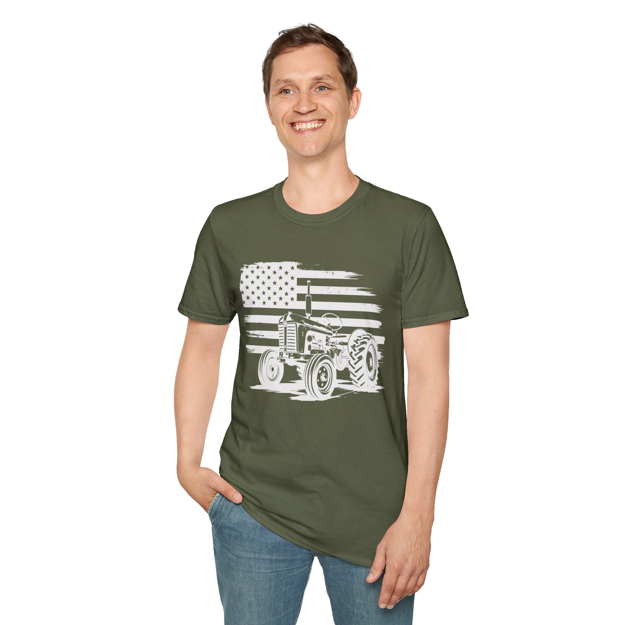 Homestead Men's T-Shirt - Tractor & The American Flag | T-Shirt by atgodanddesigns