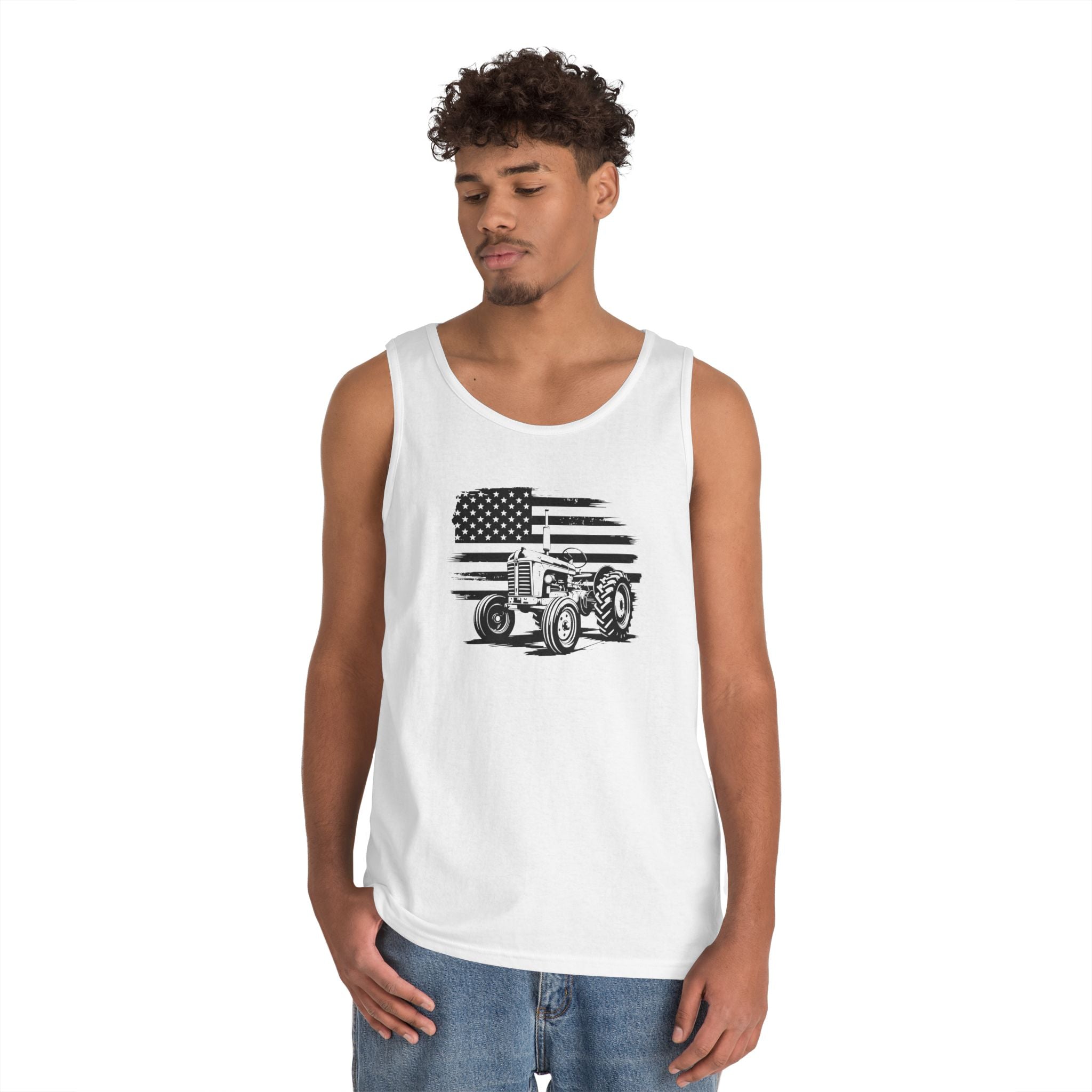 Homestead Men's Tank - Tractor & The American Flag | Tank Top by atgodanddesigns