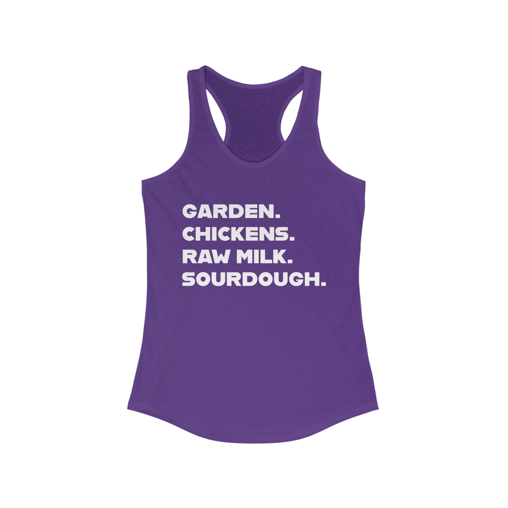 Homestead Women's Racerback Tank - GARDEN. CHICKEN. RAW MILK. SOURDOUGH. | Tank Top by atgodanddesigns