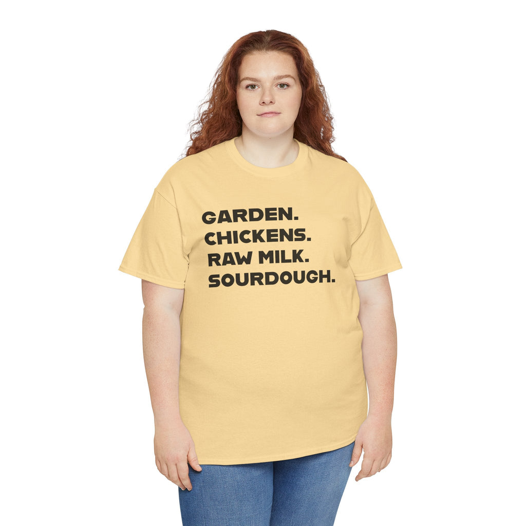 Homestead Women's T-Shirt - Garden, Chickens, Raw Milk, Sourdough | T-Shirt by atgodanddesigns