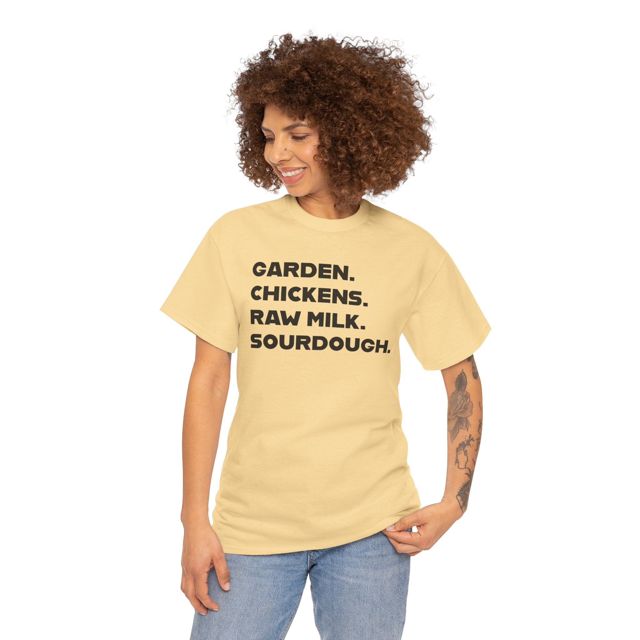 Homestead Women's T-Shirt - Garden, Chickens, Raw Milk, Sourdough | T-Shirt by atgodanddesigns