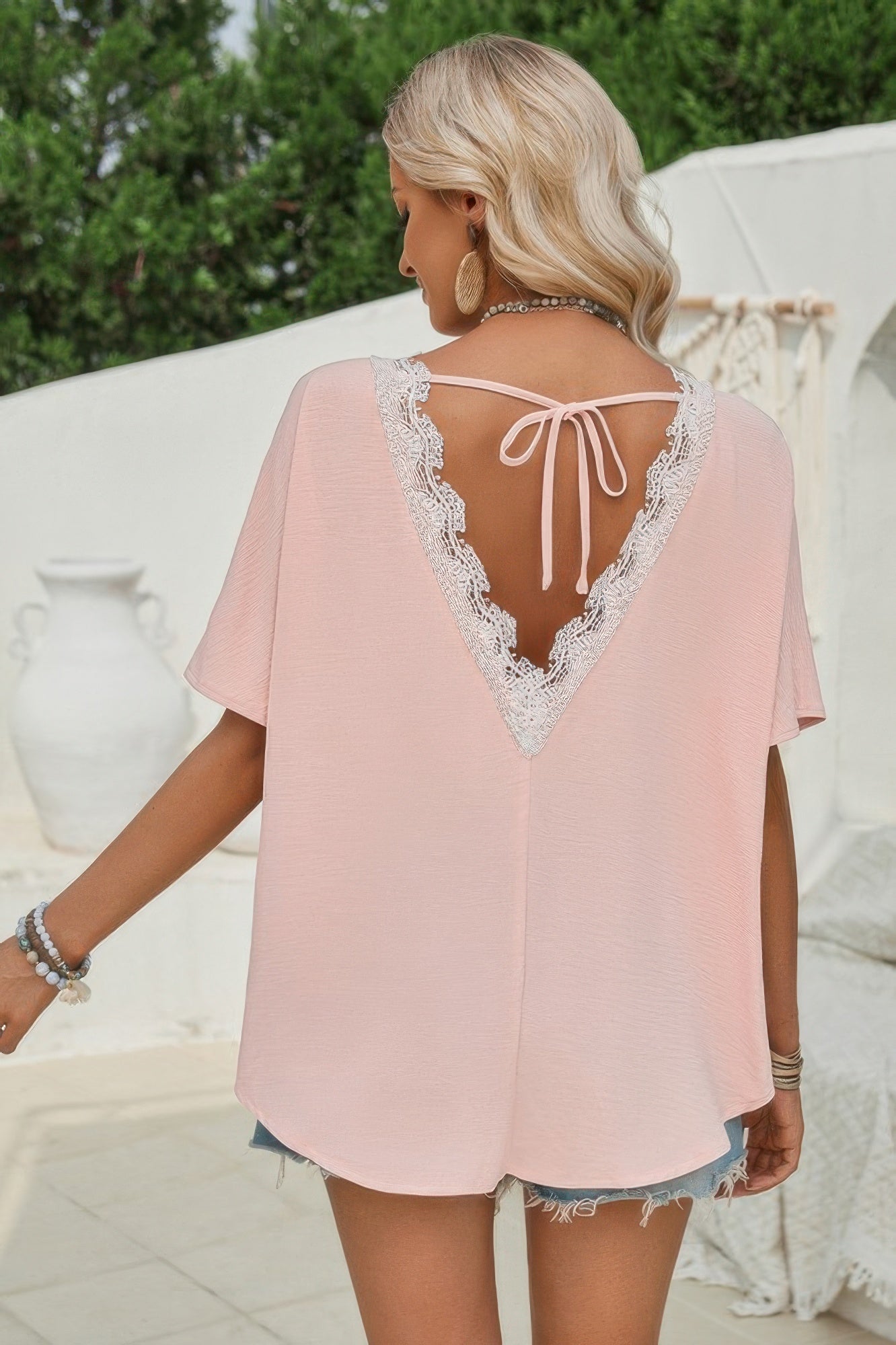 Knot Back Open Back Lace Trim Solid Loose Fit Top | by atgodanddesigns