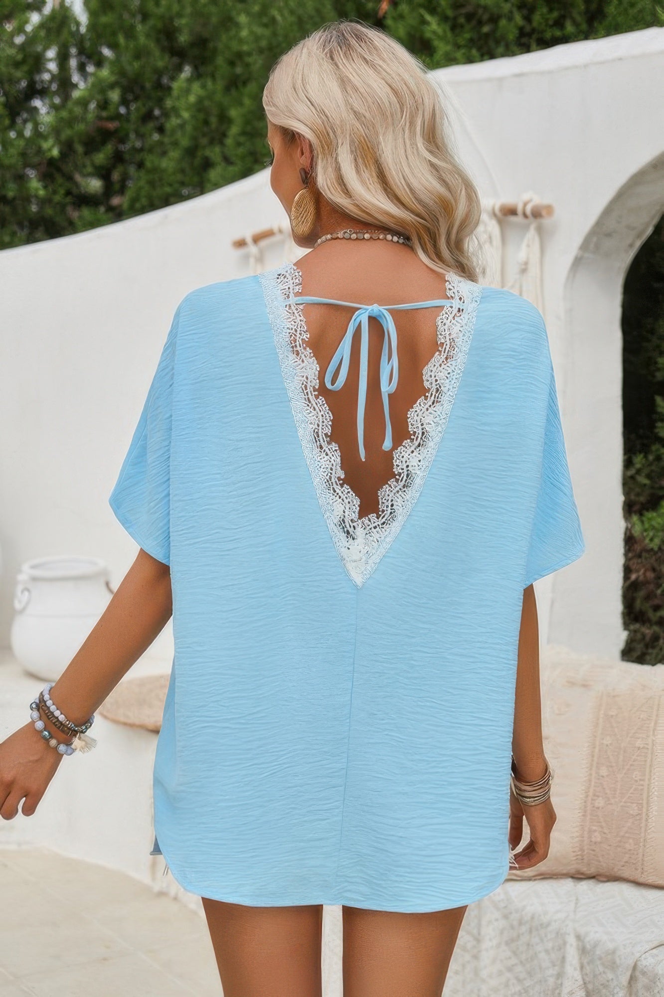 Knot Back Open Back Lace Trim Solid Loose Fit Top | by atgodanddesigns