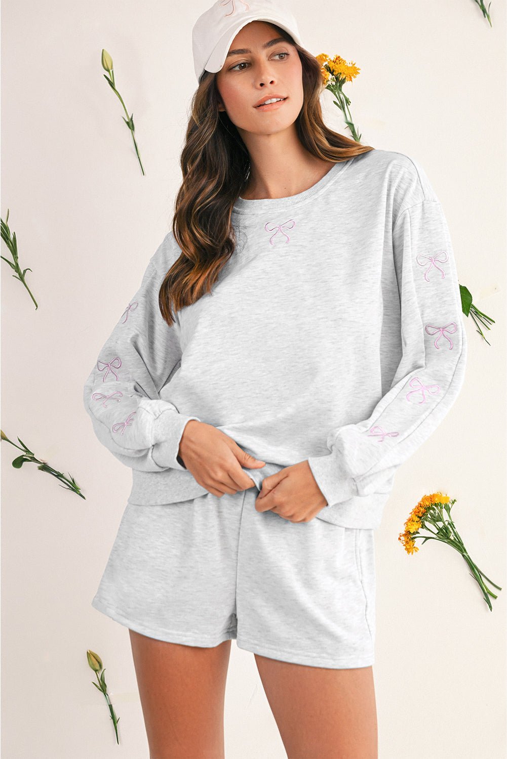 Light Grey Bow Embroidery Long Sleeve Pullover and High Waist Shorts Set | Two Piece Shorts Sets by atgodanddesigns