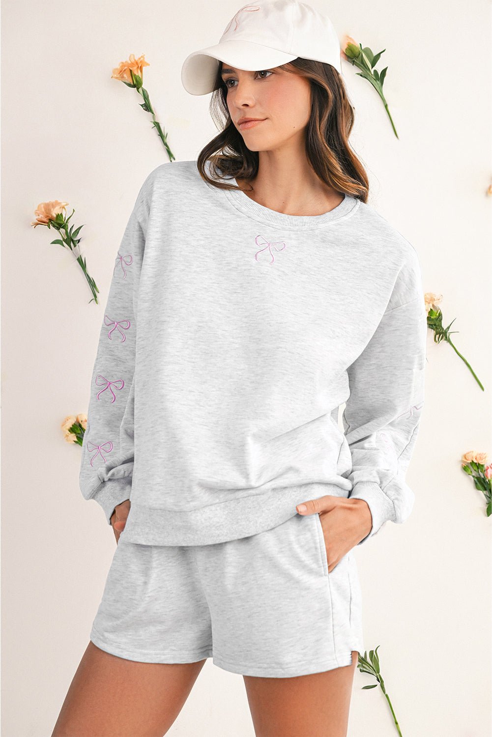 Light Grey Bow Embroidery Long Sleeve Pullover and High Waist Shorts Set | Two Piece Shorts Sets by atgodanddesigns