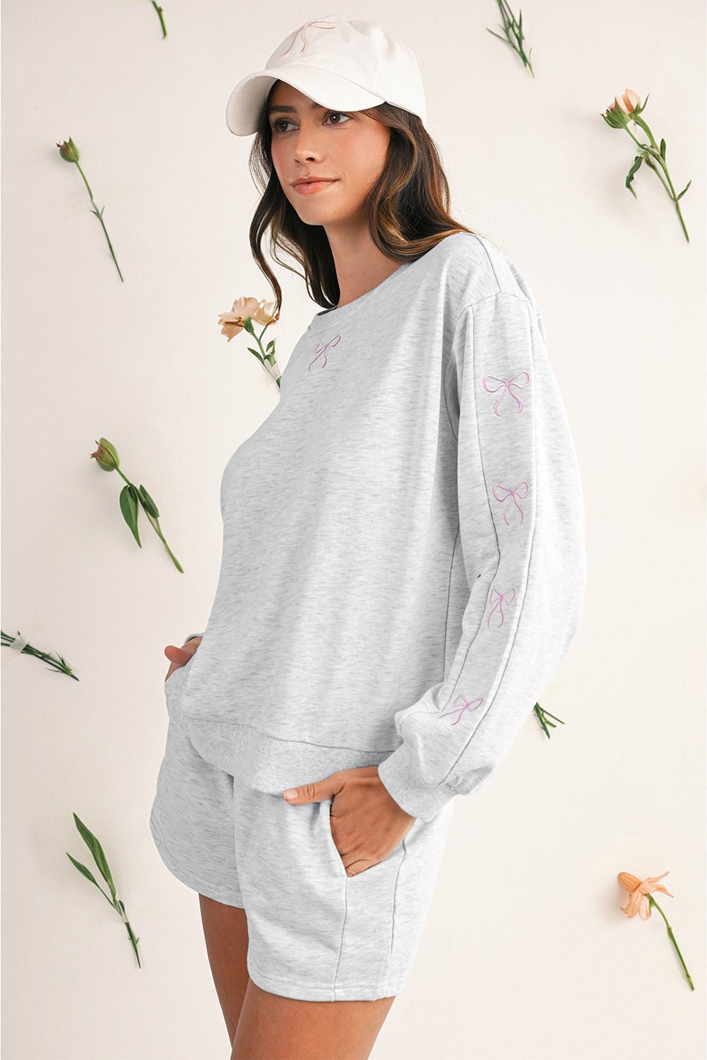 Light Grey Bow Embroidery Long Sleeve Pullover and High Waist Shorts Set | Two Piece Shorts Sets by atgodanddesigns