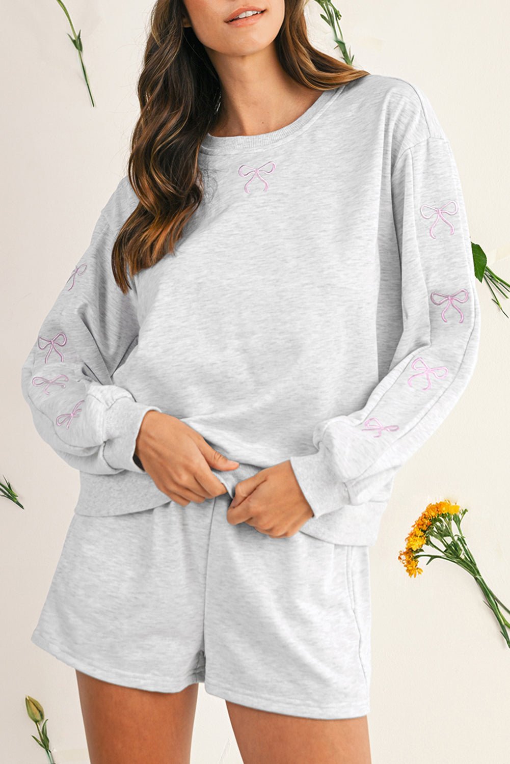 Light Grey Bow Embroidery Long Sleeve Pullover and High Waist Shorts Set | Two Piece Shorts Sets by atgodanddesigns