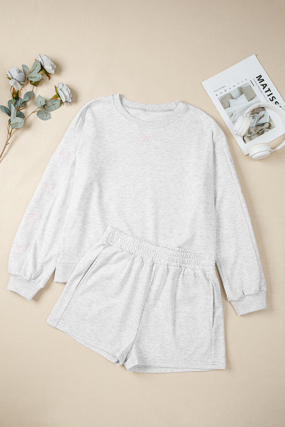 Light Grey Bow Embroidery Long Sleeve Pullover and High Waist Shorts Set | Two Piece Shorts Sets by atgodanddesigns