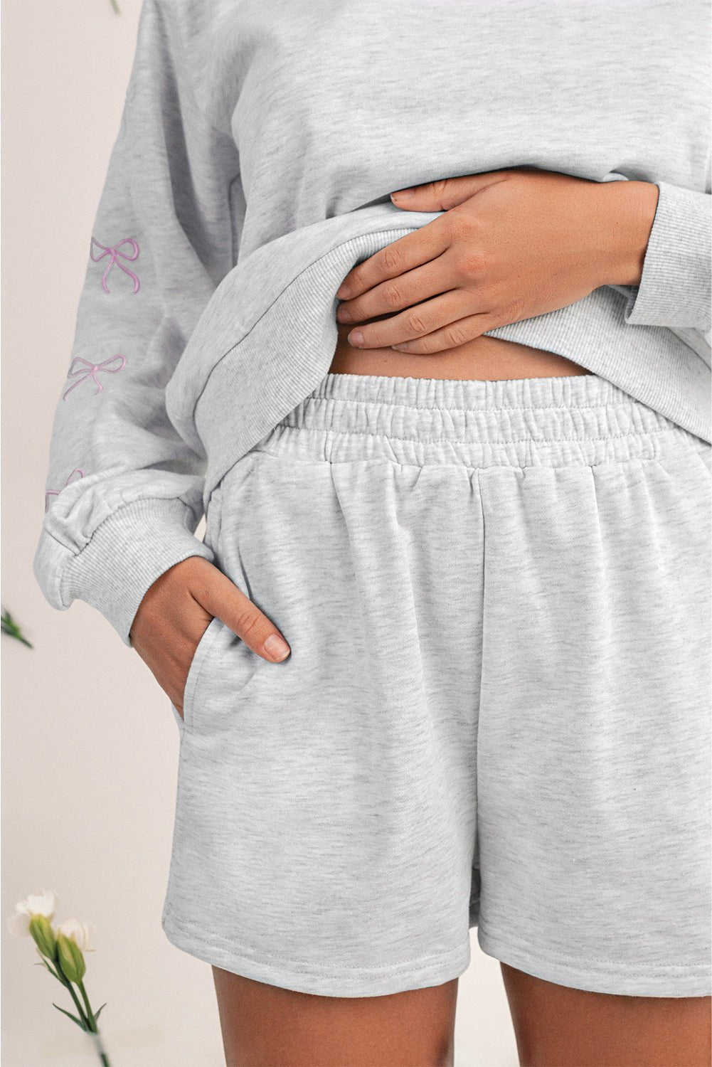 Light Grey Bow Embroidery Long Sleeve Pullover and High Waist Shorts Set | Two Piece Shorts Sets by atgodanddesigns