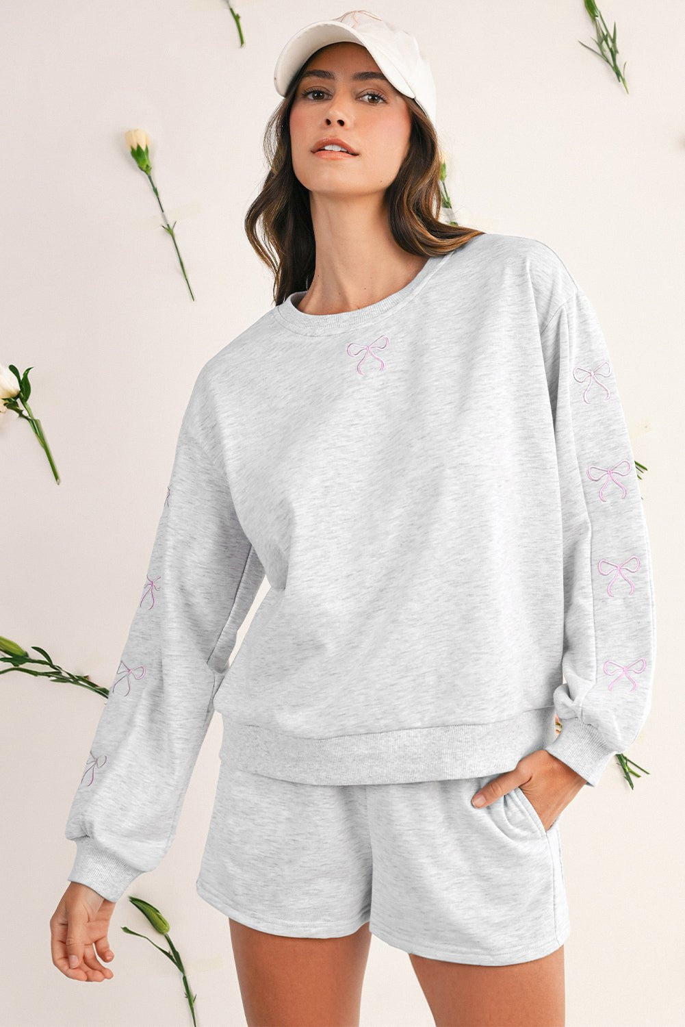 Light Grey Bow Embroidery Long Sleeve Pullover and High Waist Shorts Set | Two Piece Shorts Sets by atgodanddesigns