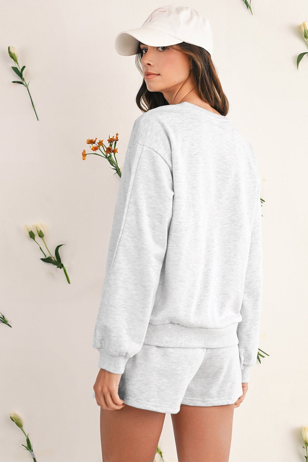 Light Grey Bow Embroidery Long Sleeve Pullover and High Waist Shorts Set | Two Piece Shorts Sets by atgodanddesigns