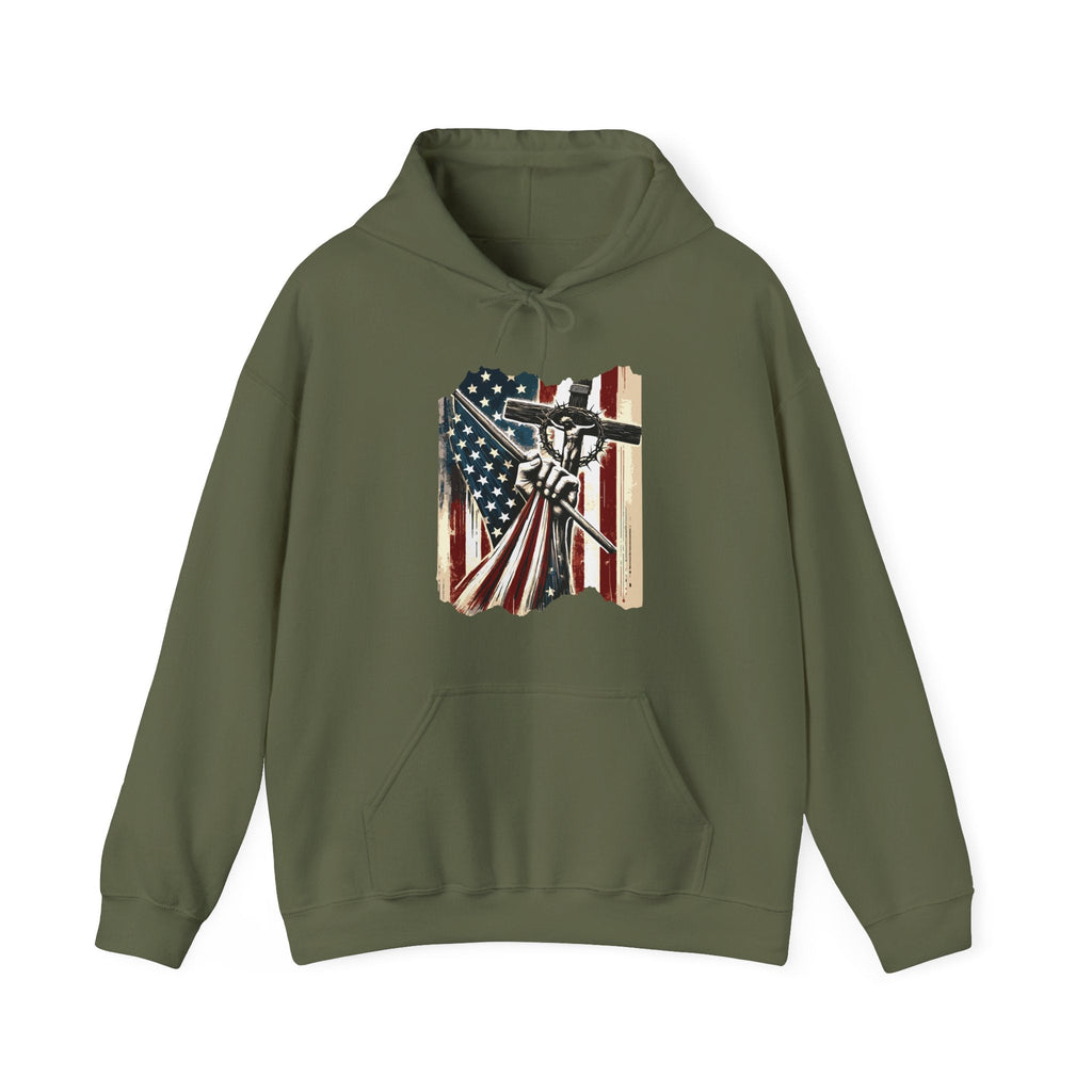 Men's Graphic Hoodie - American Flag And Cross | Hoodie by atgodanddesigns