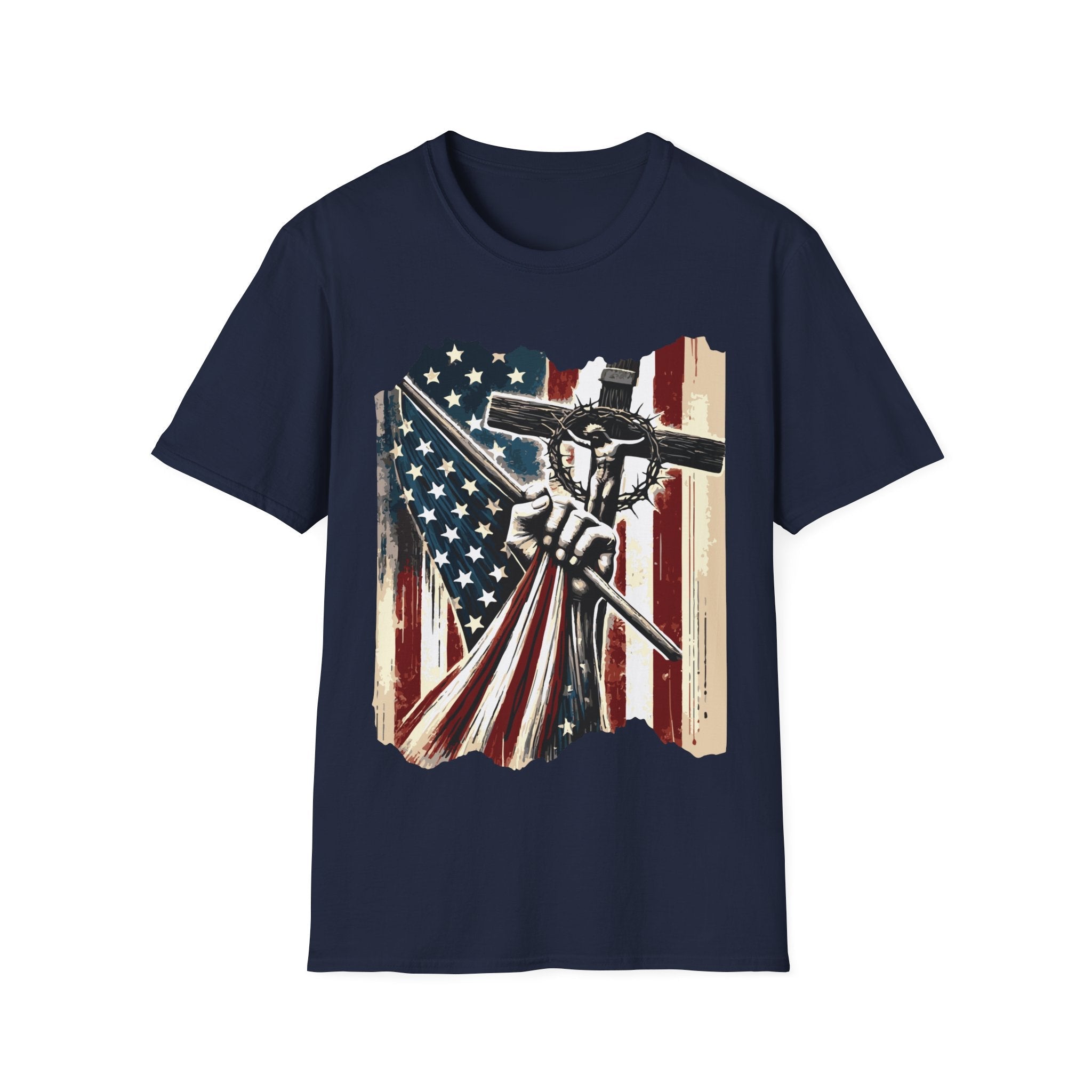 Men's Graphic T-shirt - American Flag With a Cross | T-Shirt by atgodanddesigns