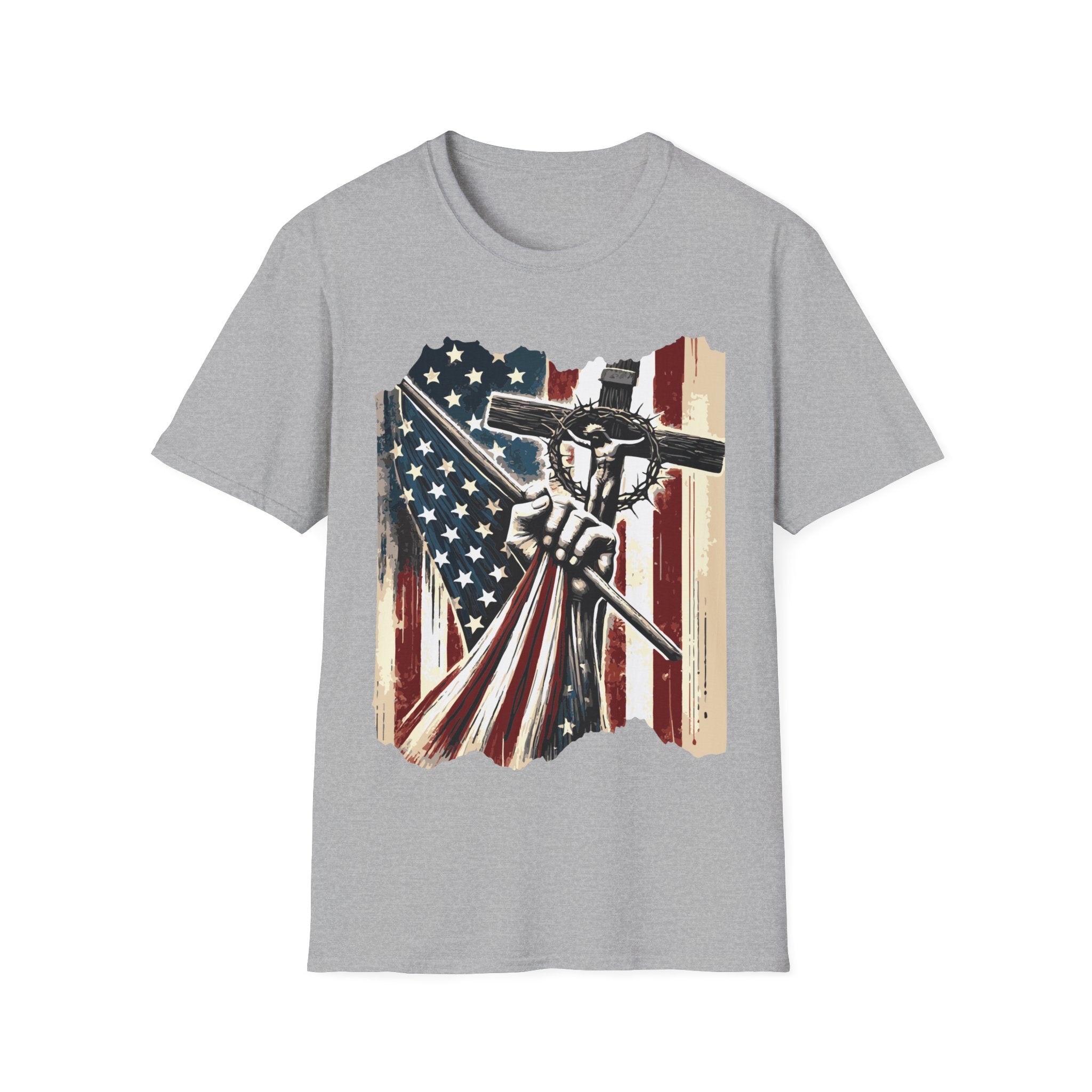 Men's Graphic T-shirt - American Flag With a Cross | T-Shirt by atgodanddesigns