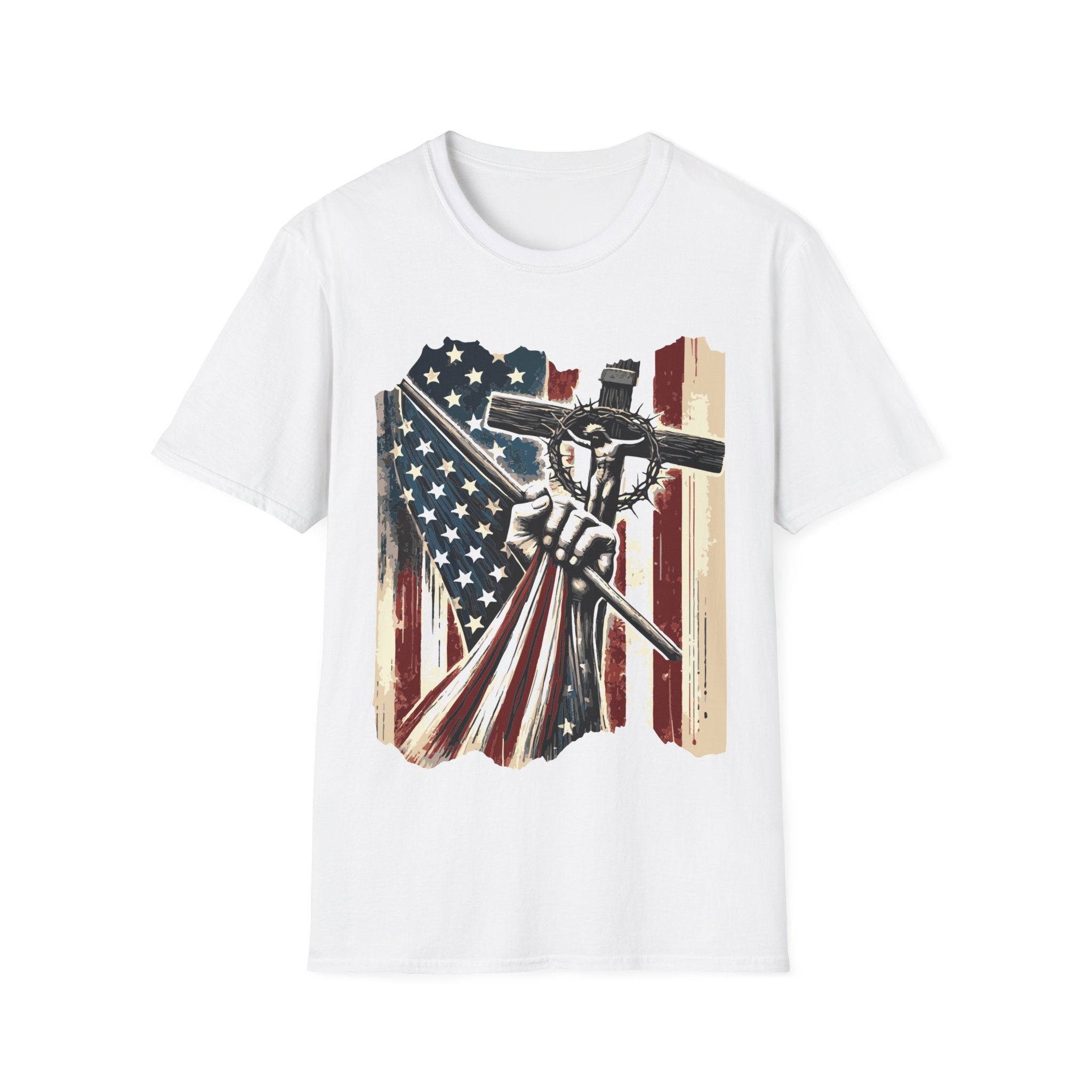 Men's Graphic T-shirt - American Flag With a Cross | T-Shirt by atgodanddesigns