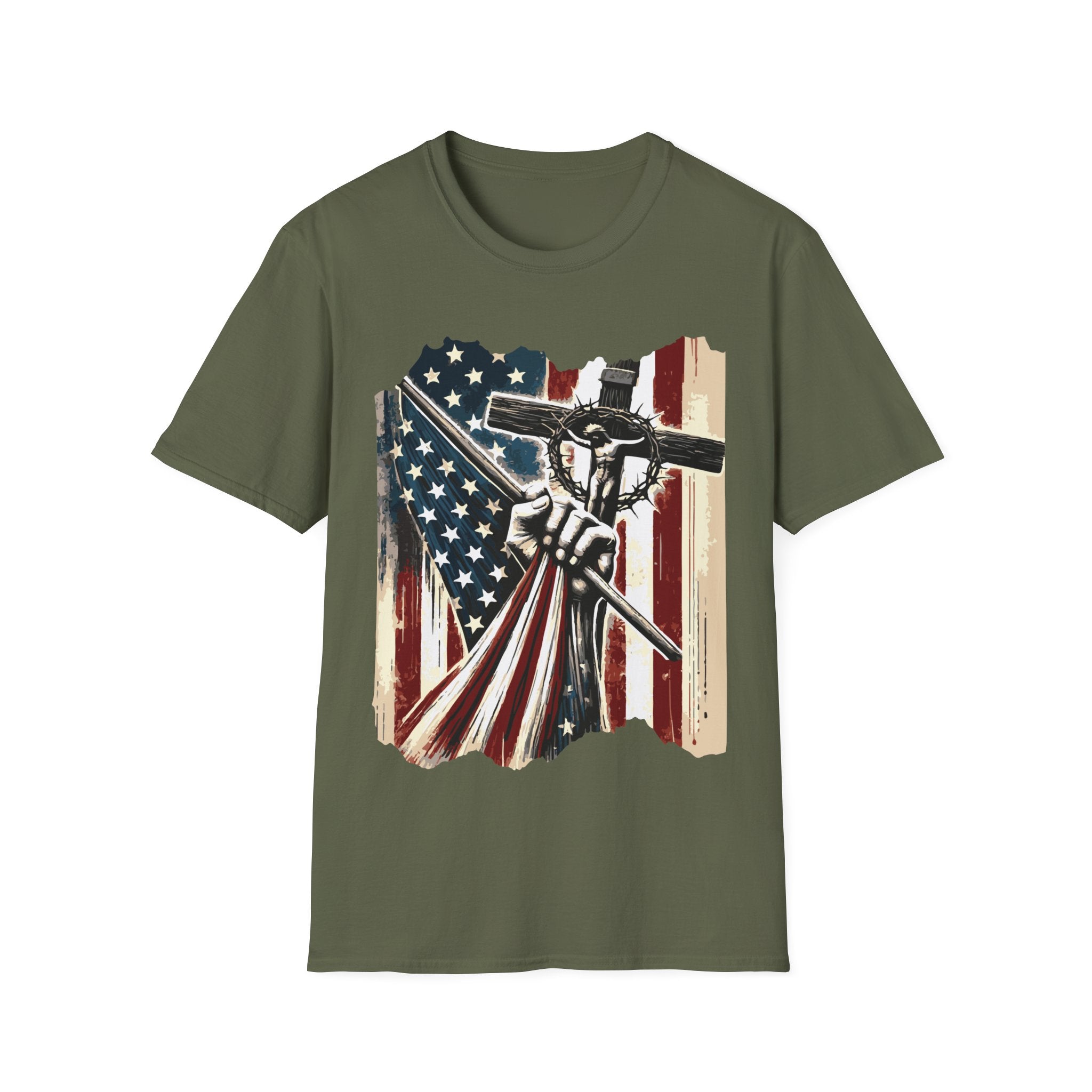 Men's Graphic T-shirt - American Flag With a Cross | T-Shirt by atgodanddesigns