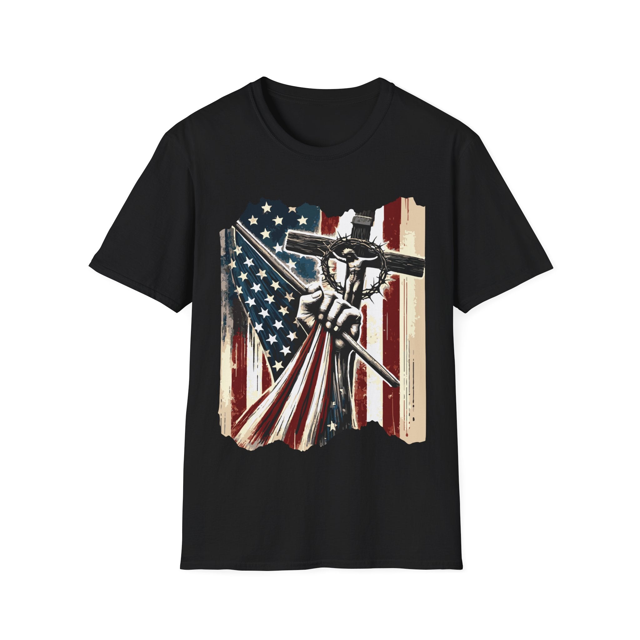 Men's Graphic T-shirt - American Flag With a Cross | T-Shirt by atgodanddesigns
