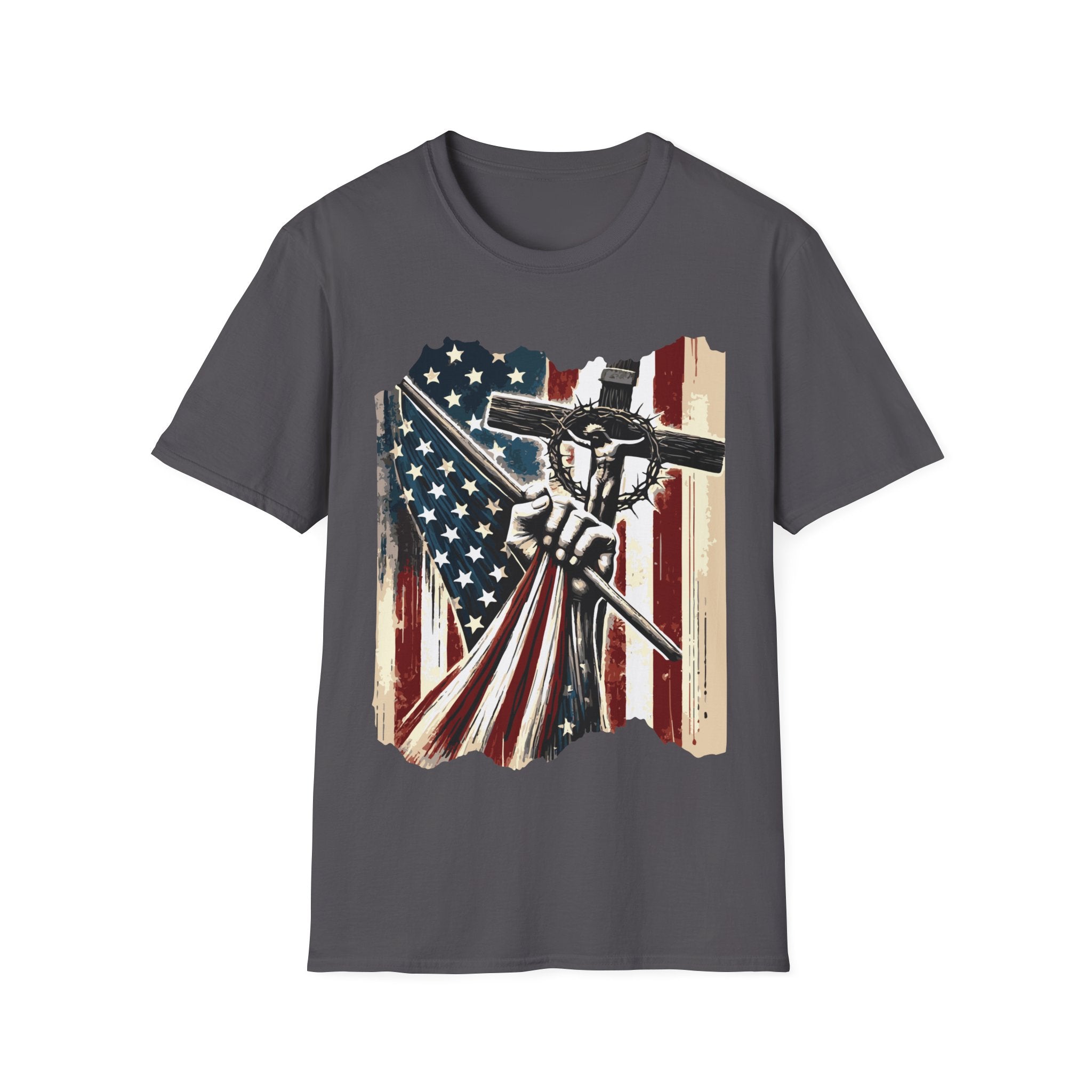 Men's Graphic T-shirt - American Flag With a Cross | T-Shirt by atgodanddesigns