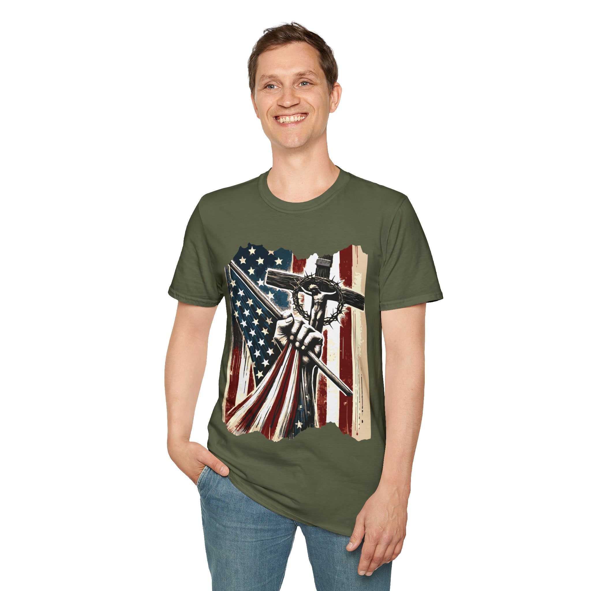 Men's Graphic T-shirt - American Flag With a Cross | T-Shirt by atgodanddesigns