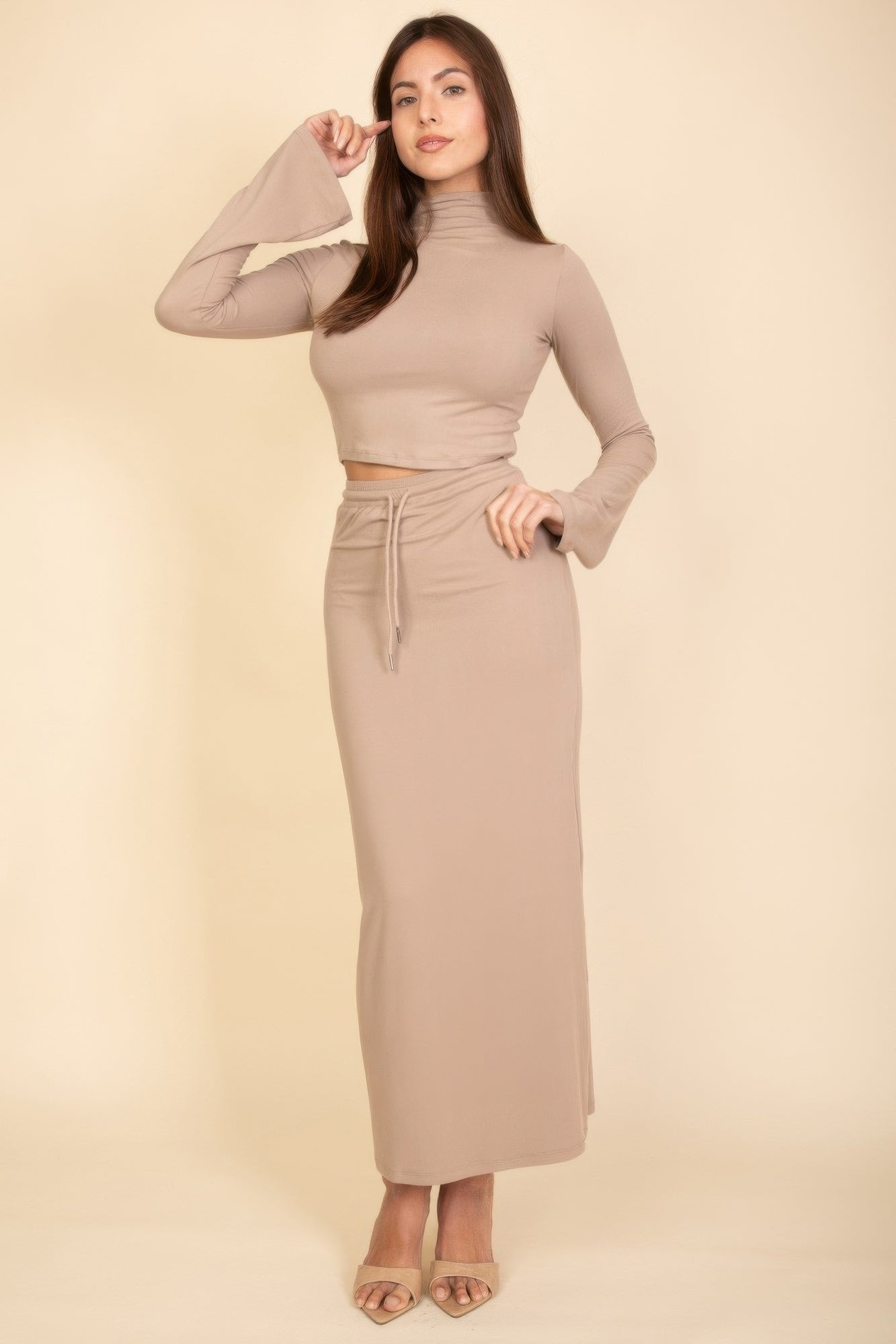 Mock Neck Bell Sleeve Crop Top & Maxi Skirt Set | by atgodanddesigns