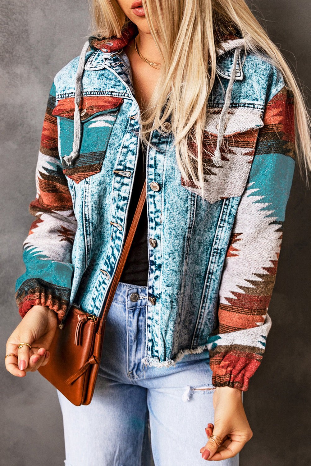 Multicolor Aztec Print Frayed Hem Denim Jacket | Outerwear/Denim jackets by atgodanddesigns
