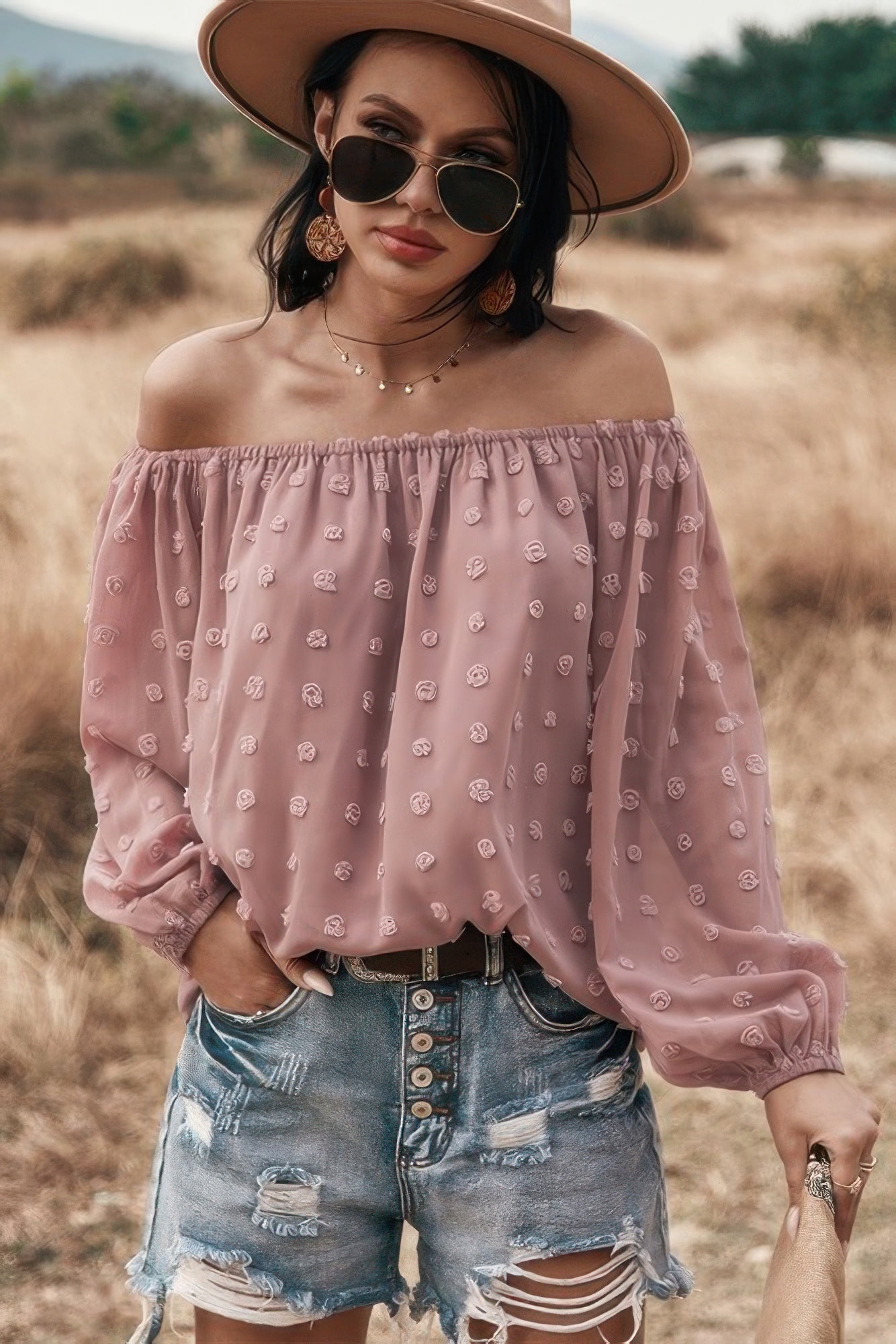 Off Shoulder Swiss Dot Long Sleeve Loose Top | by atgodanddesigns