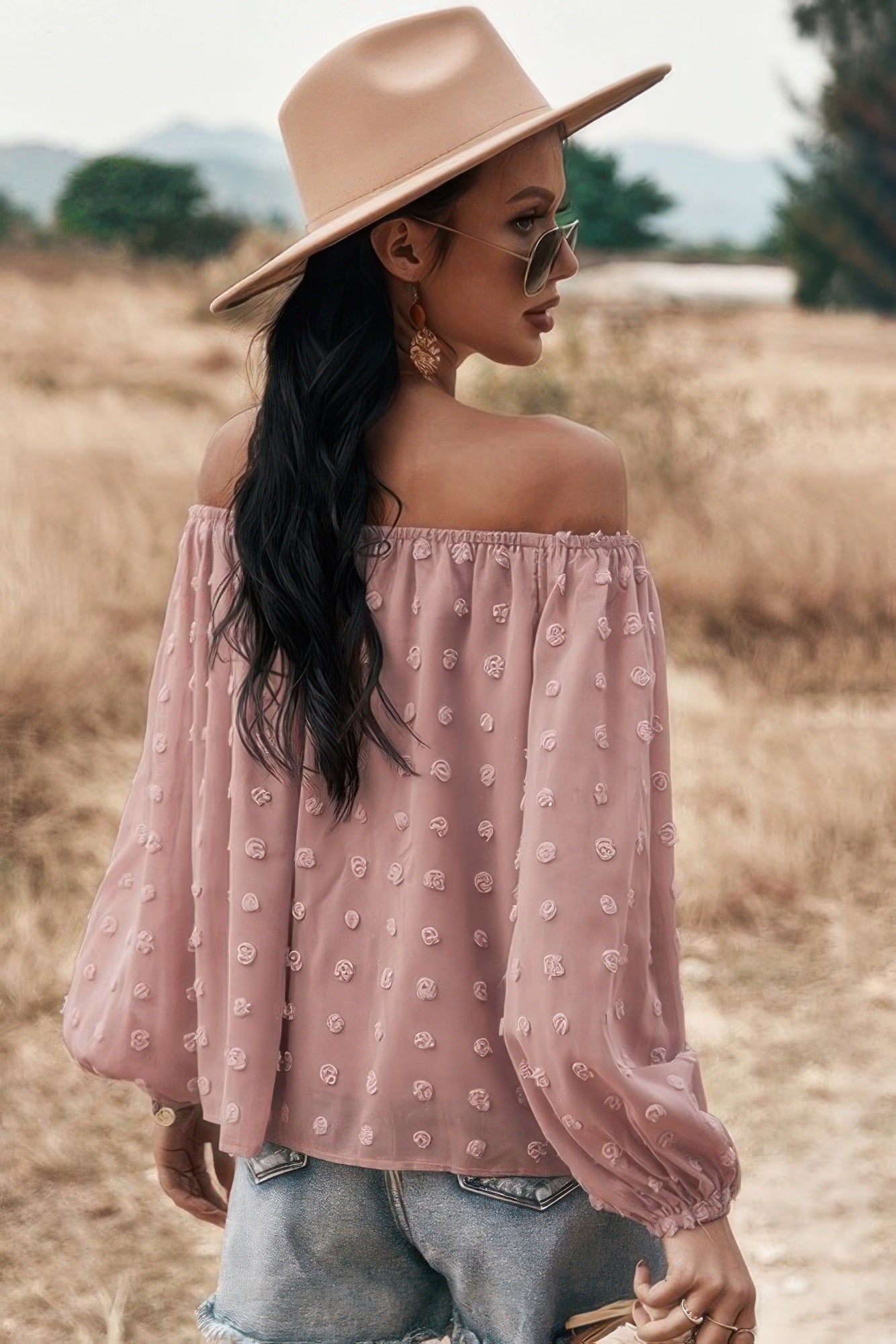 Off Shoulder Swiss Dot Long Sleeve Loose Top | by atgodanddesigns