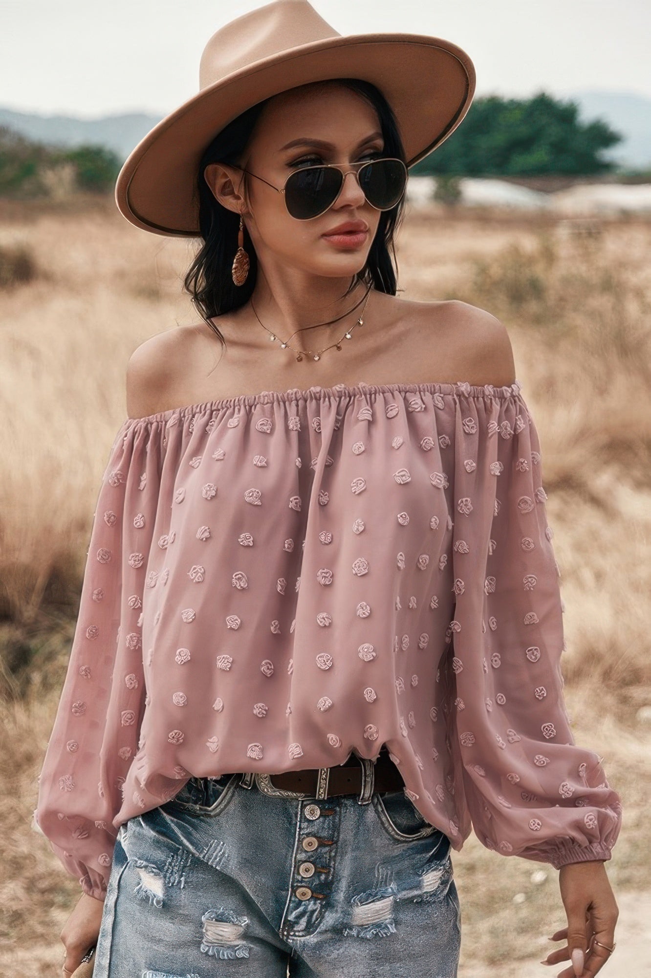 Off Shoulder Swiss Dot Long Sleeve Loose Top | by atgodanddesigns