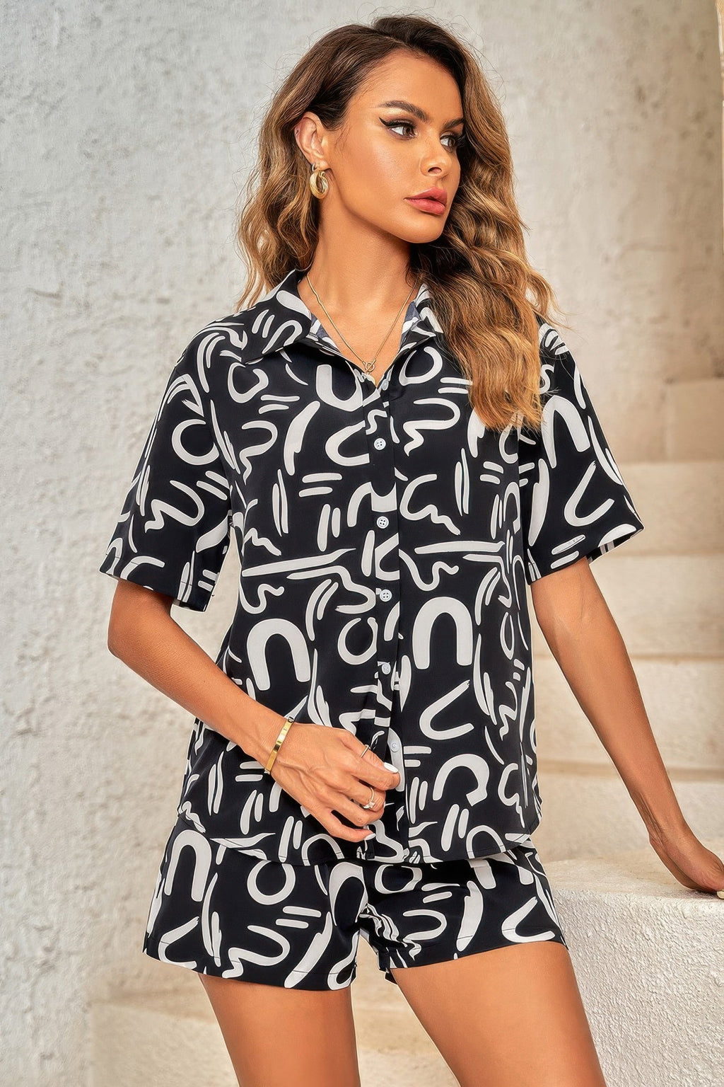 Outfit Sequins Lips Print Button Down Shorts Set | by atgodanddesigns
