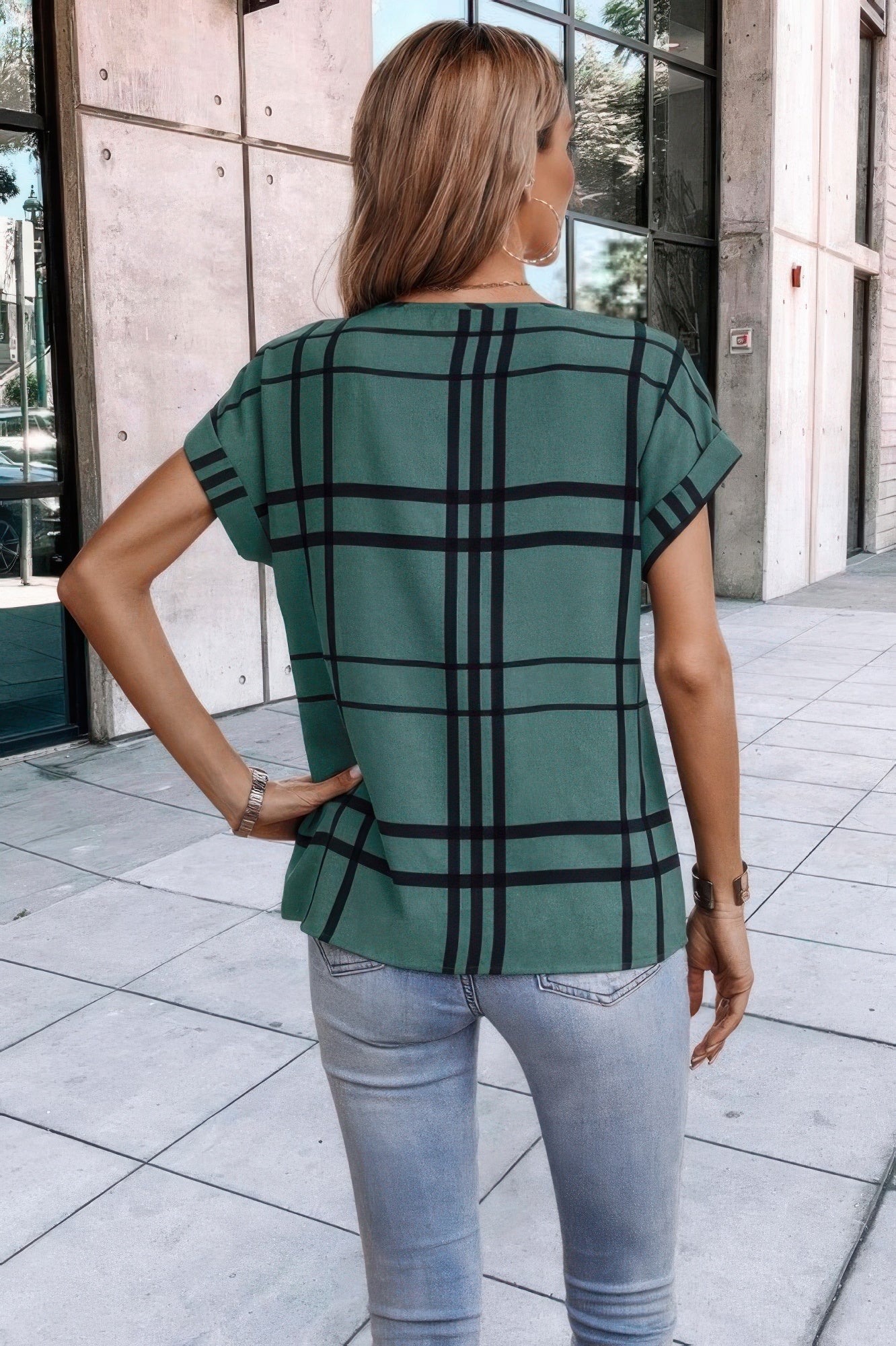 Plaid Print Notched Neckline Batwing Sleeve Blouse | by atgodanddesigns