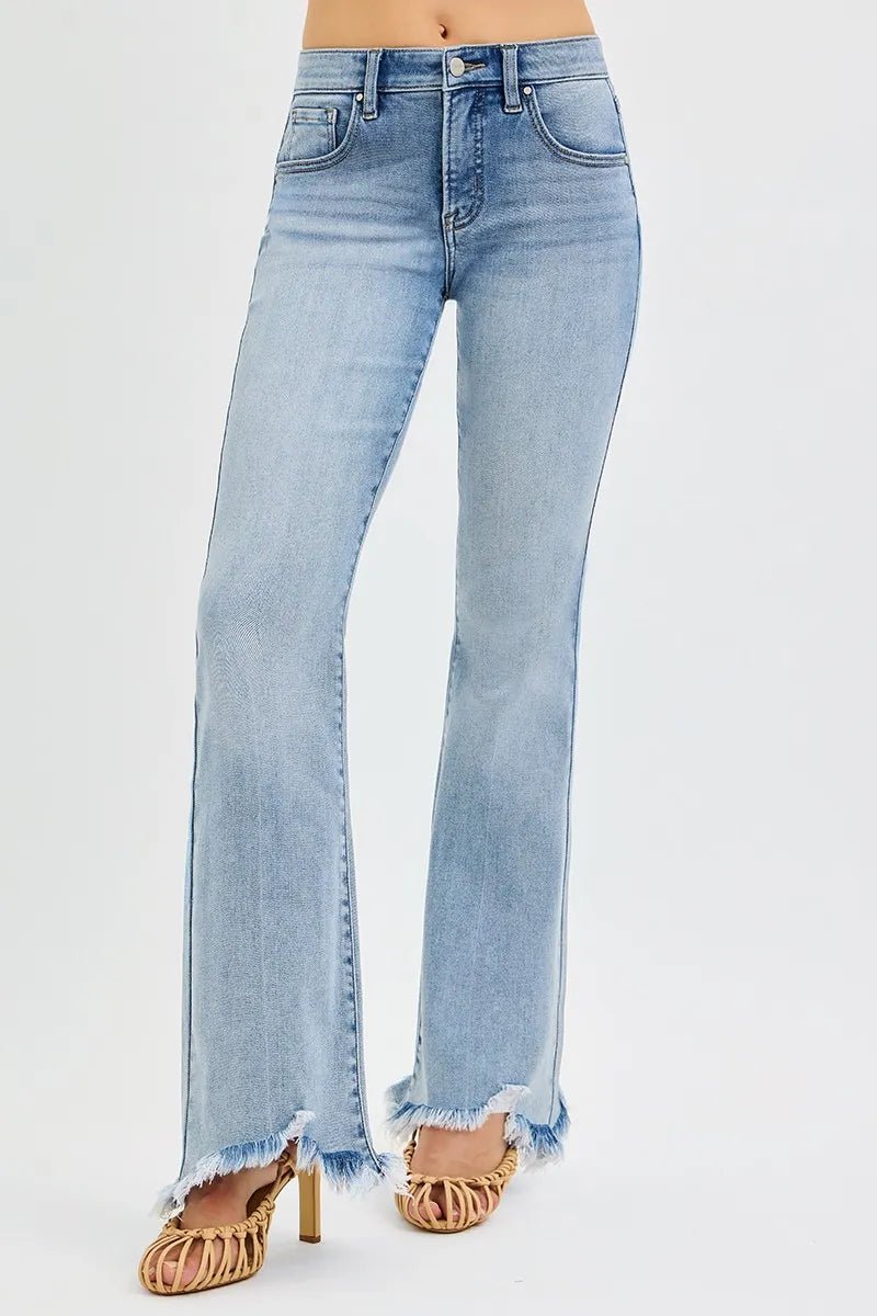 RISEN Full Size Tummy Control Mid Rise Flare Jeans with Fray Hem Detailed Plus Size | by atgodanddesigns